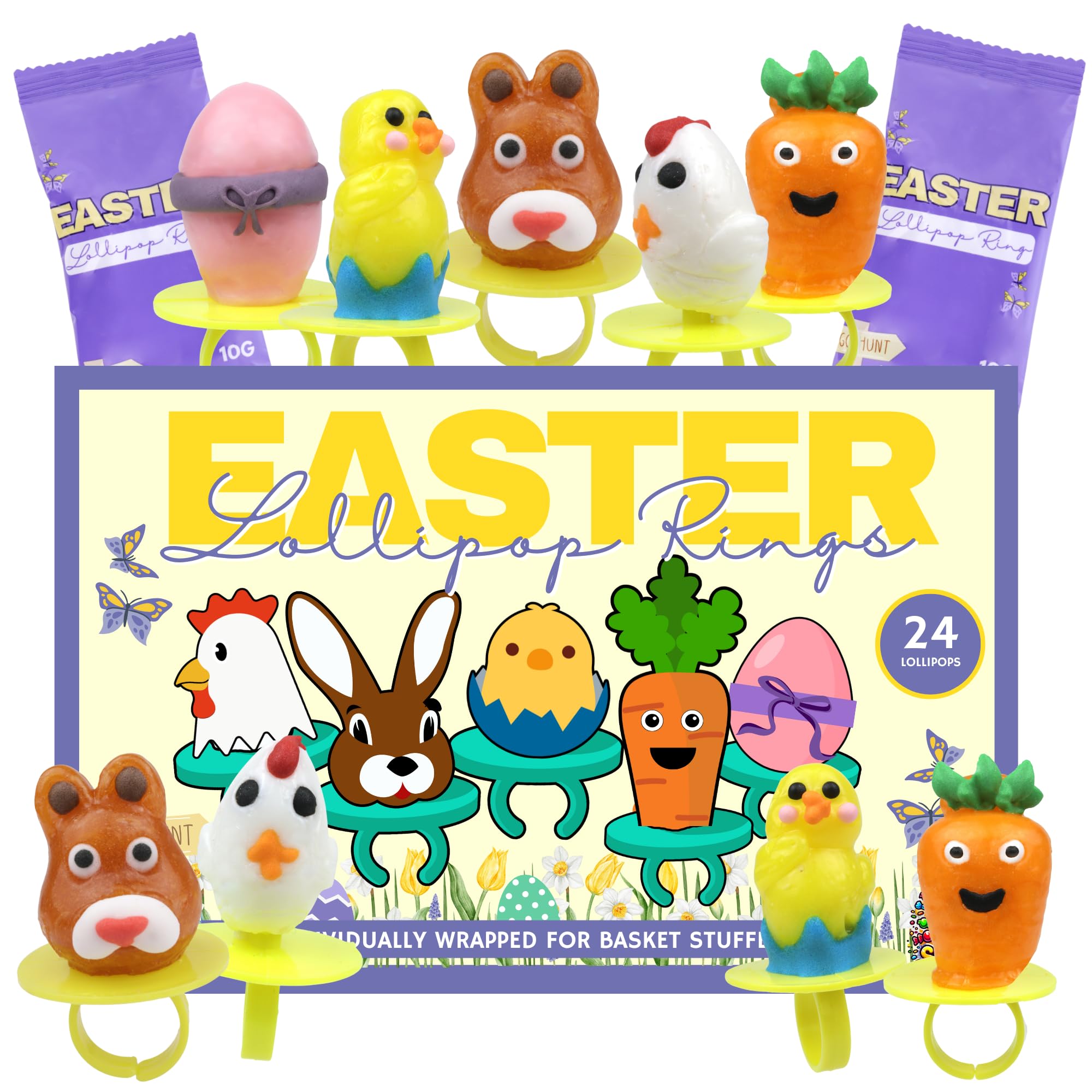 Easter Candy 3D Lollipop Rings, Individually Wrapped Bunny Chick Carrot Shaped Suckers, Basket Stuffers, 24 Pieces, 8.47 Ounces