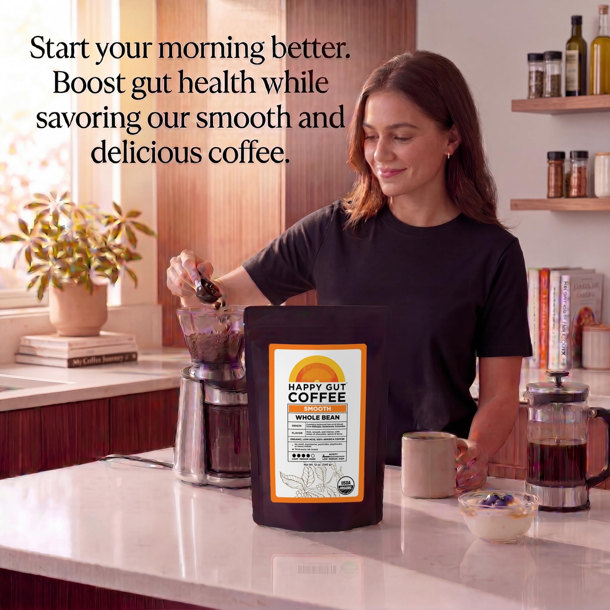 Happy Gut Coffee - Doctor-Formulated, Organic Medium-to-Dark Roast Coffee - Gut-Friendly - Gentle on Stomach - Rich Flavor, Gluten-Free, No Bitterness