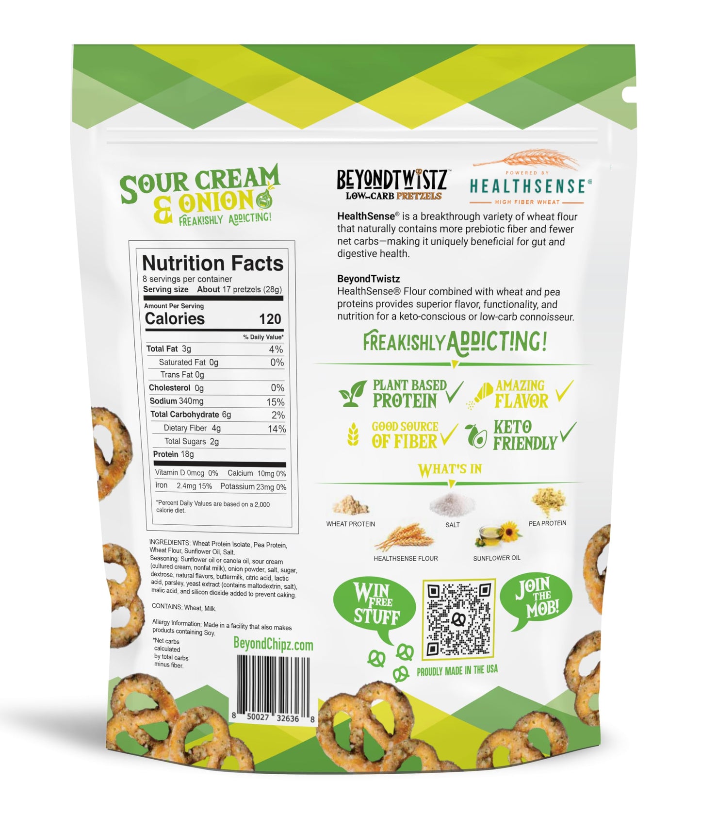 BeyondTwistz Low Carb Pretzels, Sour Cream and Onion, Keto Friendly, 2g Net Carbs, 18g Protein, Powered By HealthSense® High Fiber Wheat Flour, Family