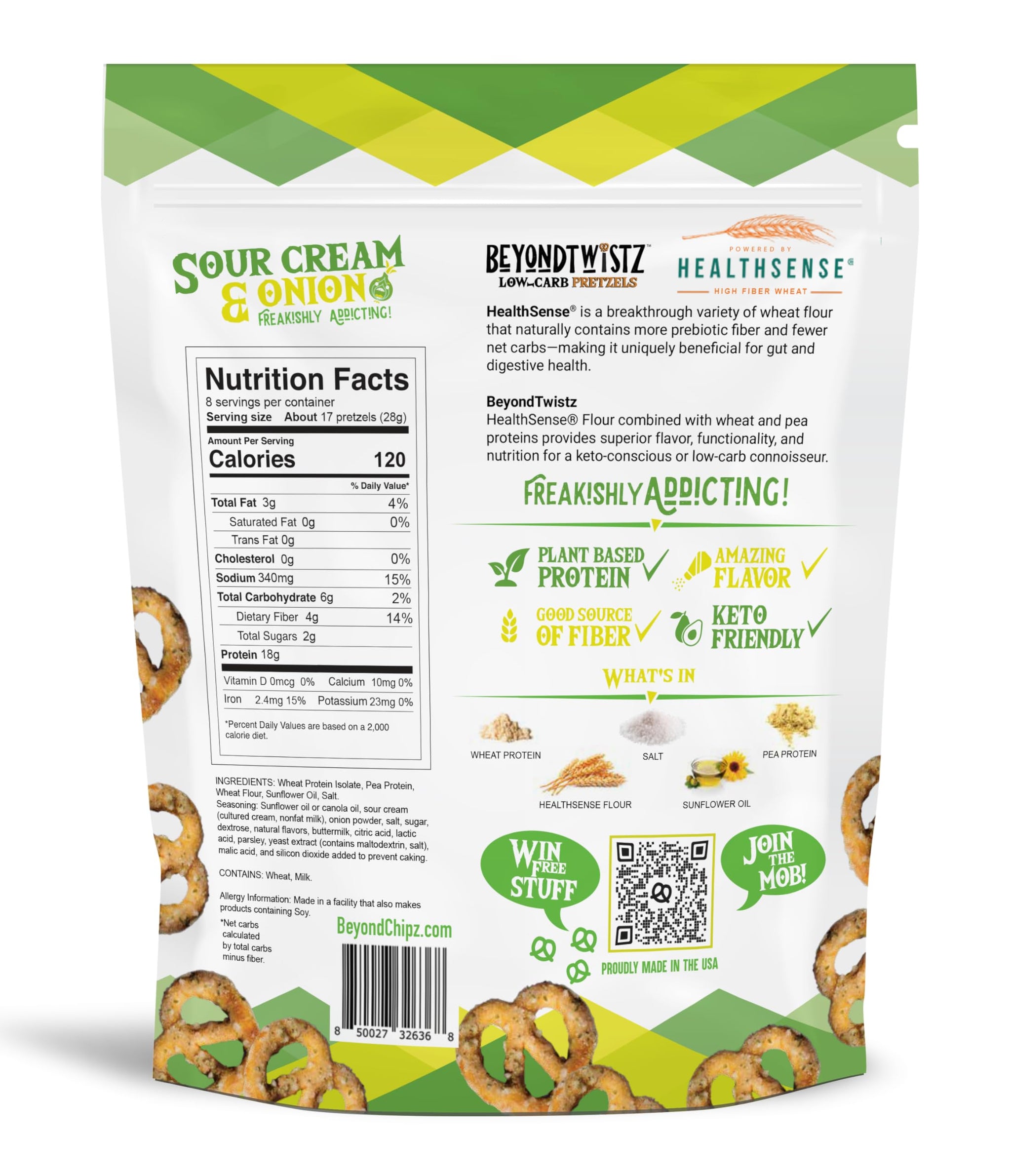BeyondTwistz Low Carb Pretzels, Sour Cream and Onion, Keto Friendly, 2g Net Carbs, 18g Protein, Powered By HealthSense® High Fiber Wheat Flour, Family