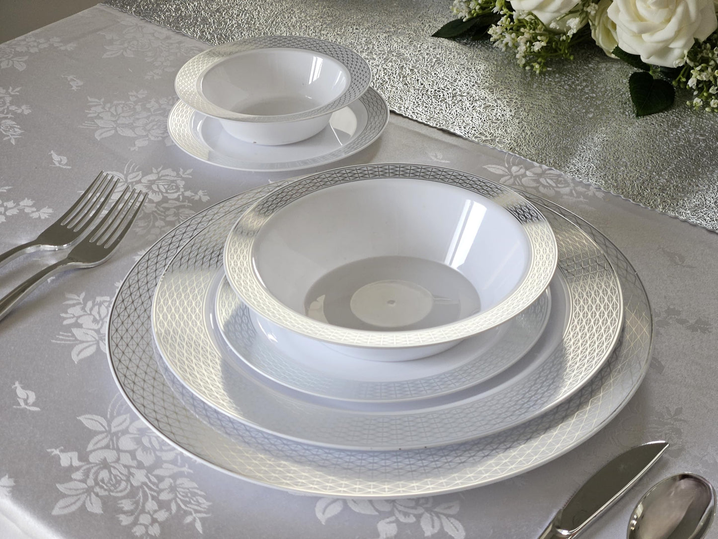 OCCASIONS 40 Pack Silver Charger Plates - 12 Inch Disposable Chargers for Dinner Plates Bulk, Premium Heavyweight Plastic for Wedding, Party & Events