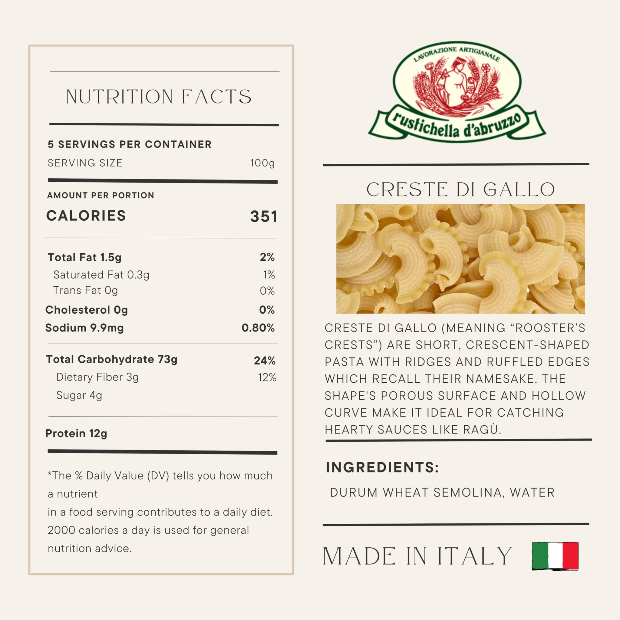 Rustichella d’Abruzzo Creste di Gallo Pasta 500g (17.6oz) | Authentic Italian Short Pasta from Abruzzo | Artisan Durum Wheat Semolina | Traditional