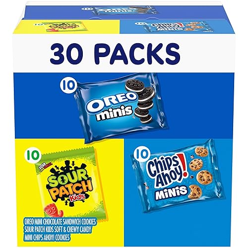 Nabisco Cookies and Candy Variety Pack, SOUR PATCH KIDS Soft & Chewy Gummy Candy, OREO Minis and CHIPS AHOY! Minis Cookies, 30 Snack Packs