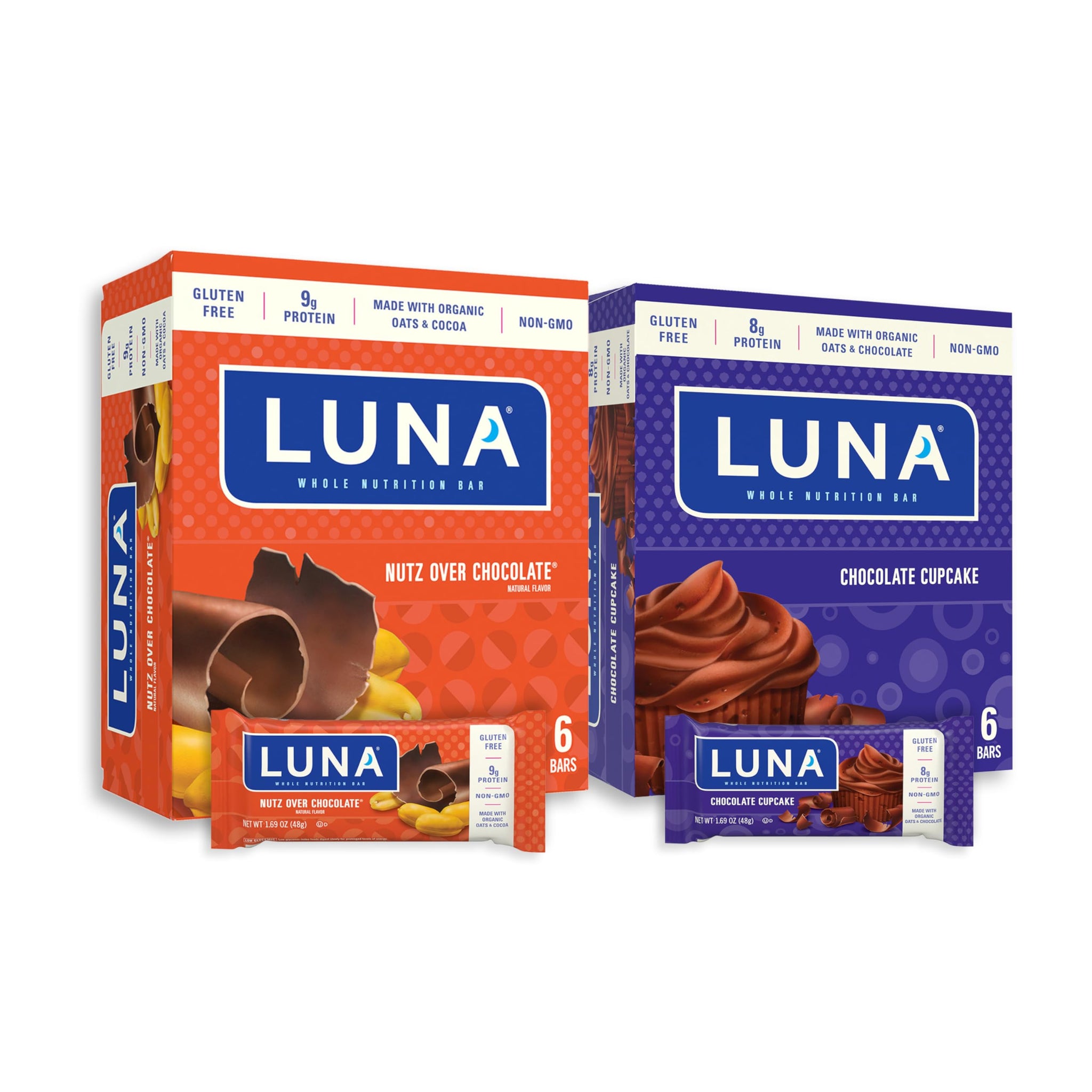 LUNA Bar - Variety Pack - Nutz Over Chocolate and Chocolate Cupcake Flavor - Snack Bars - Non-GMO - Gluten-Free Protein Bars - Made with Organic Oats
