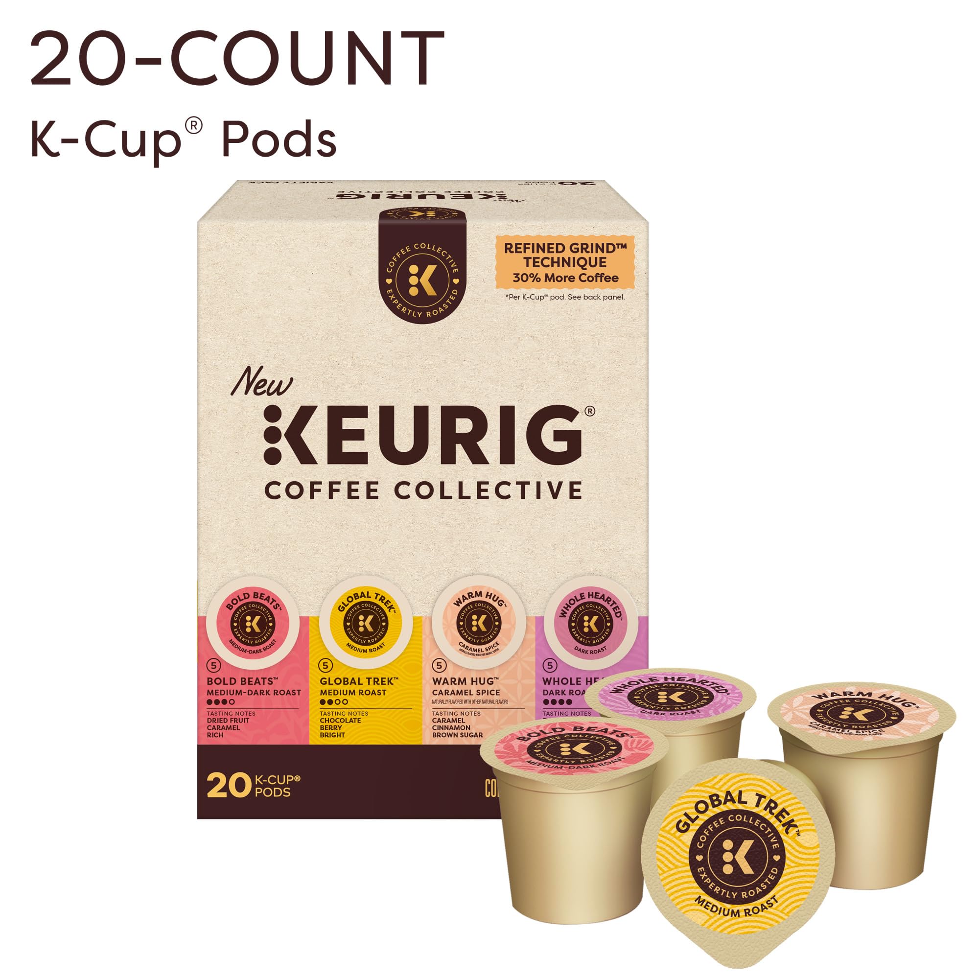 Keurig Coffee Collective Variety Pack, Bold Beats, Global Trek, Warm Hug, Whole Hearted, Single Serve Keurig K-Cup Pods, 20 Count