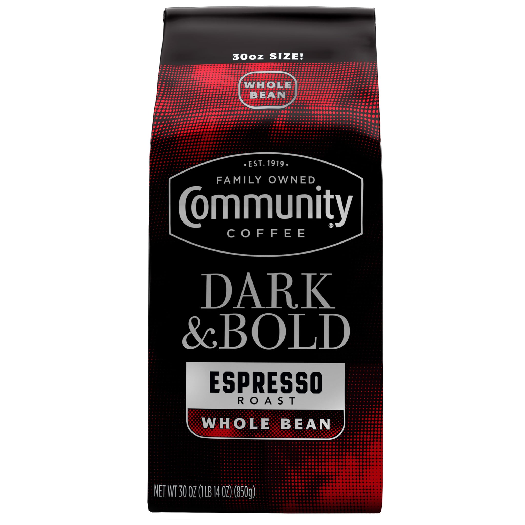 Community Coffee Dark & Bold Espresso Blend, Dark Roast Whole Bean Coffee, 30 Ounce Bag (Pack of 1)