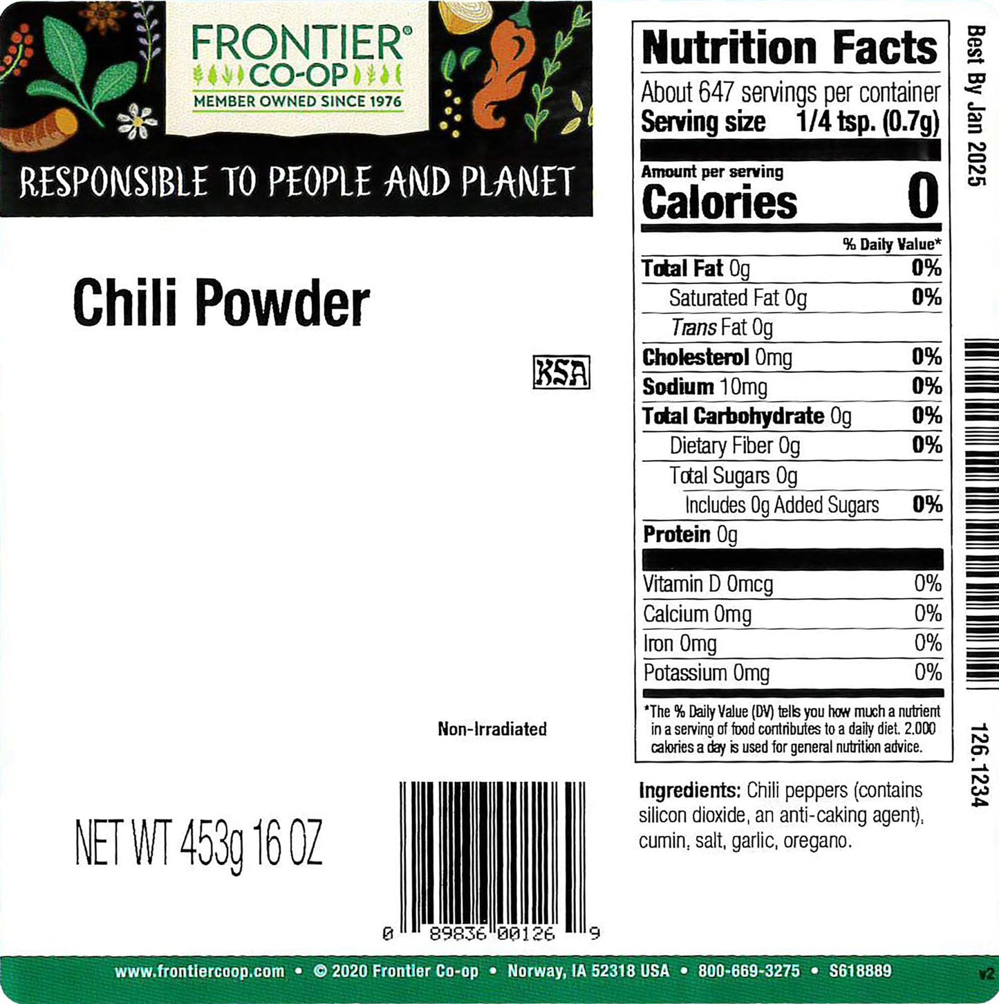 Frontier Co-op Chili Powder Blend, Traditional (no salt), Kosher, Salt-Free, Non-irradiated | 1 lb. Bulk Bag