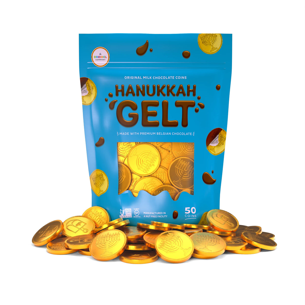 The Dreidel Company Chocolate Gelt 50-Pack Milk Chocolate Coins, Hanukkah Gelt, With Menorah and Dreidel Designs, Made with Premium Belgian