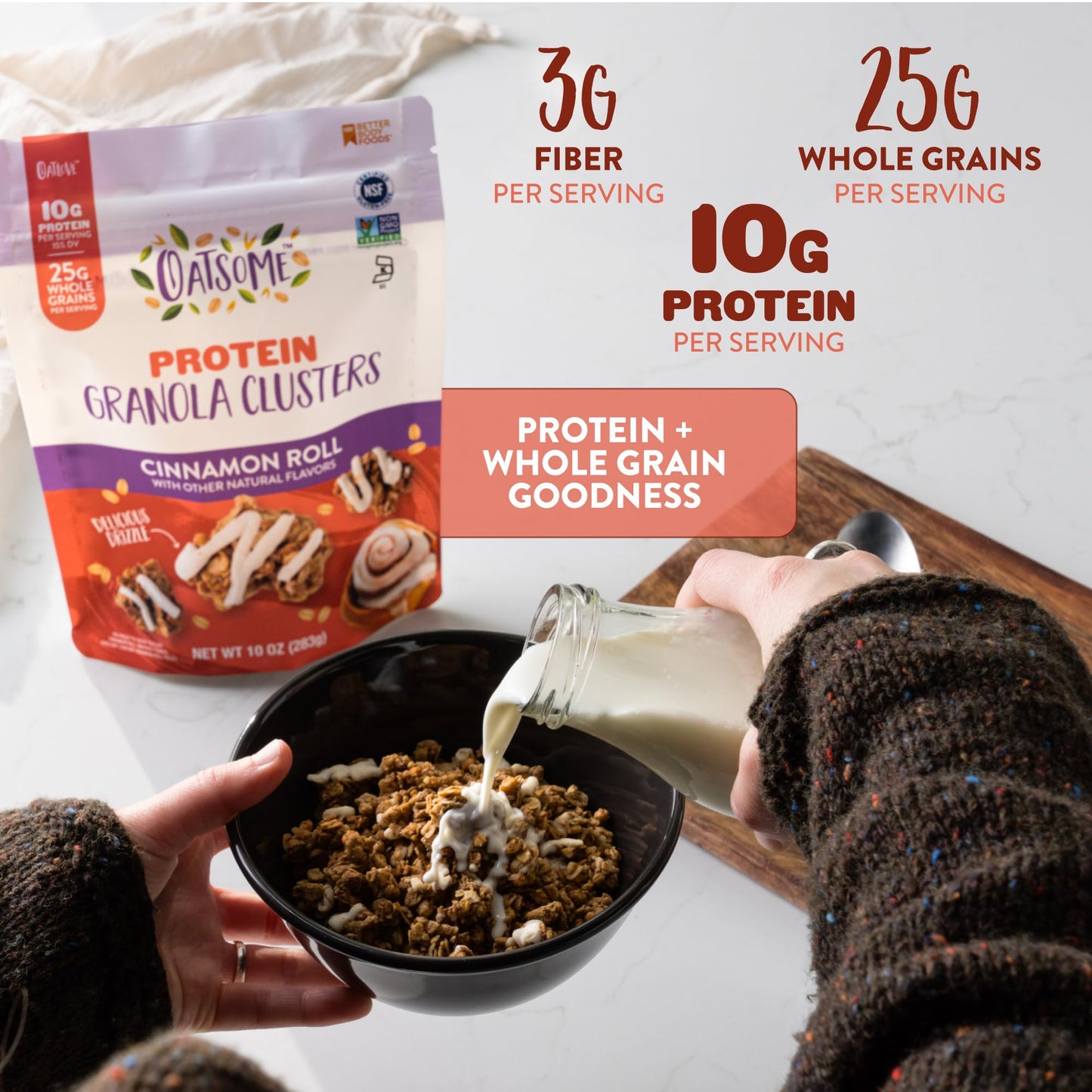Oatsome Protein Cinnamon Roll Clusters, 10g Plant-Based Protein, Gluten Free, Made with Cinnamon & Whole Grain Oats, for Snack Breakfast Yogurt, 10 Oz
