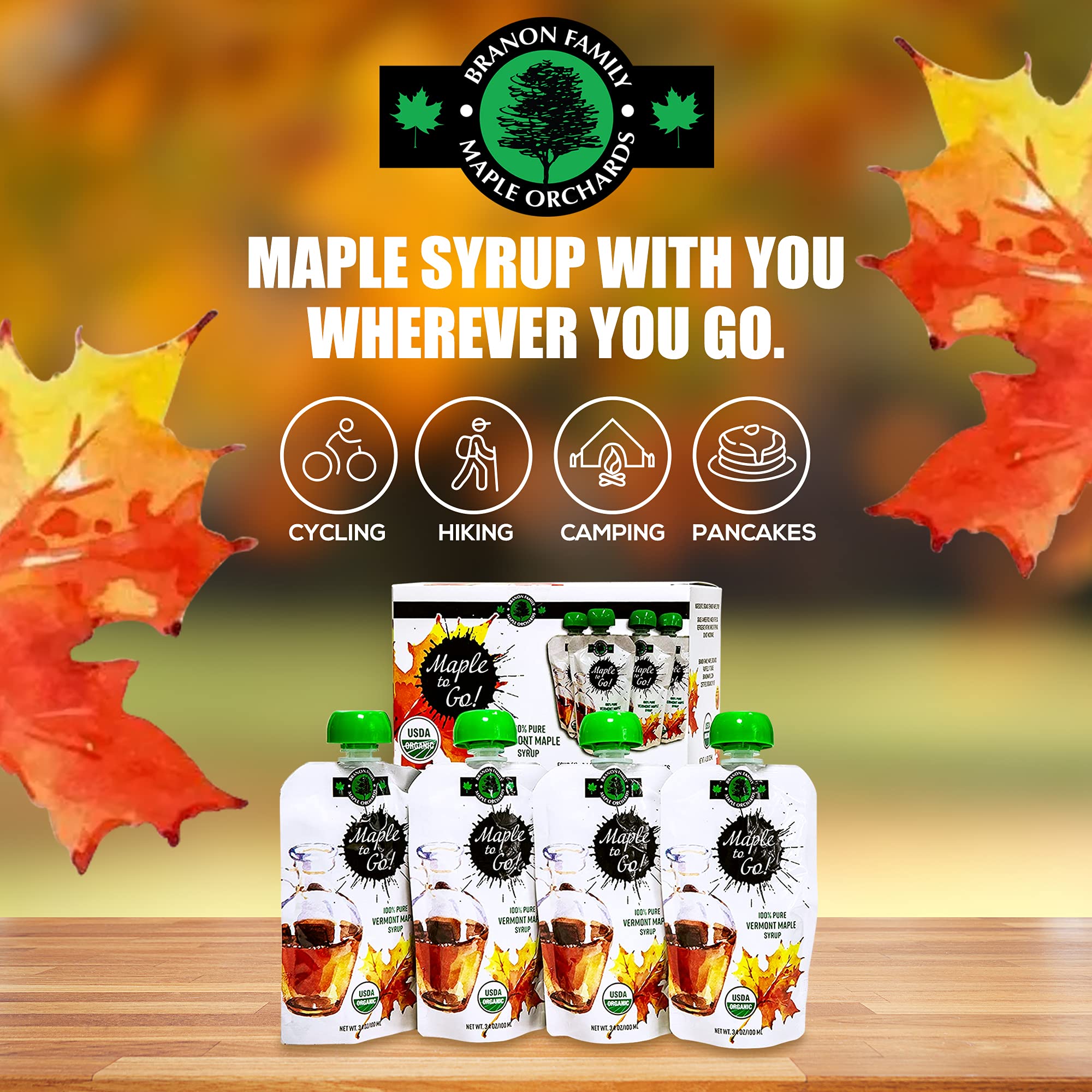 Maple to Go! - Pure Organic Vermont Maple Syrup Packets - Small Maple Syrup Bottles with Resealable Twist Cap| Ideal for Hiking, Camping, Traveling