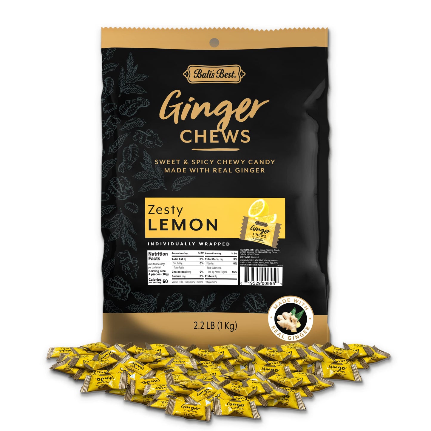 Bali's Best Ginger Chews, Zesty Lemon Flavor, 250 Pieces, 2.2 Lb Bag, Individually Wrapped Soft Candy, Made with 100% Real Ginger, Digestive Health