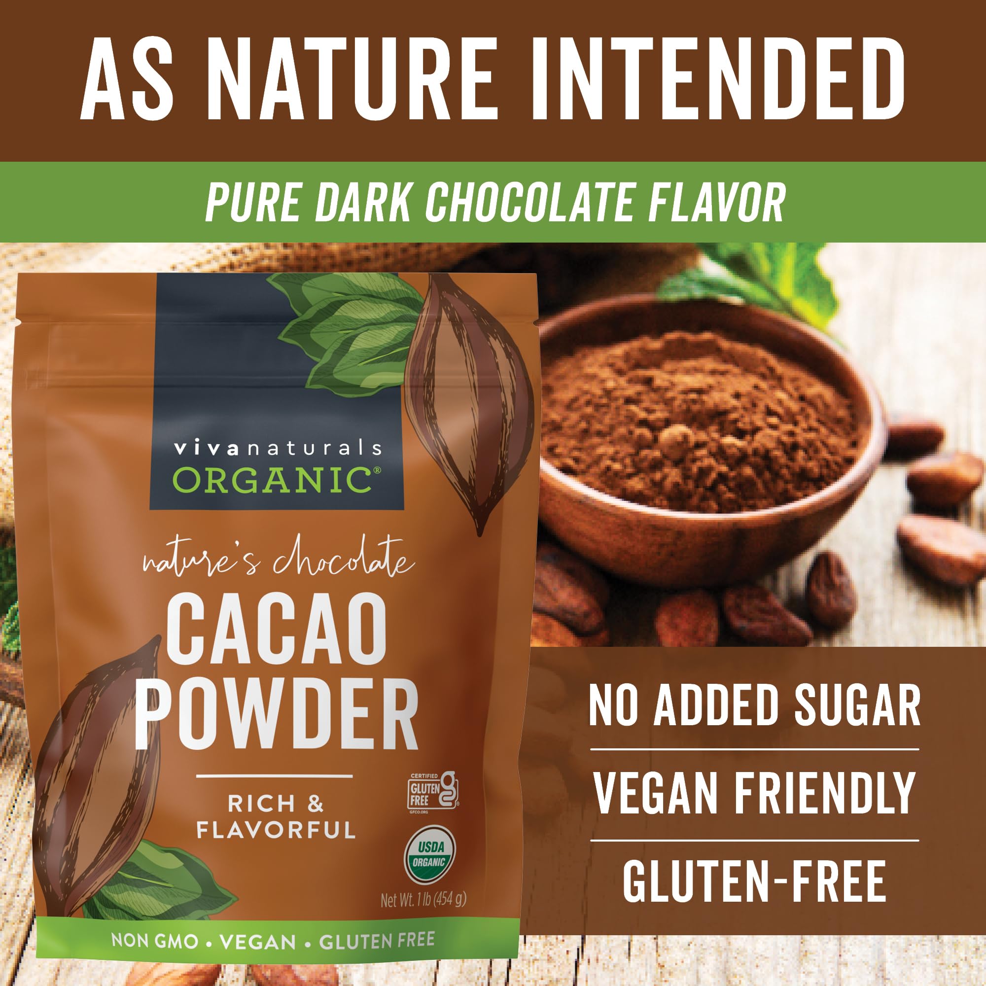Organic Cacao Powder, Unsweetened, 1 lb (454 g) - Rich Dark Chocolate Flavor, Perfect for Baking, Smoothies & Hot Chocolate - Vegan, Keto, Paleo, Non-GMO & Gluten-Free Cocoa Powder
