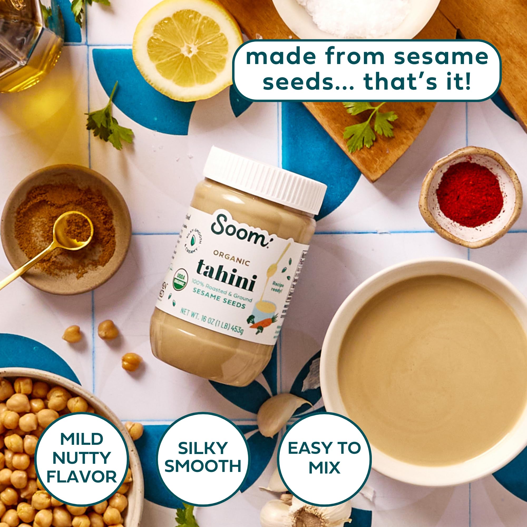 Soom Foods Organic Tahini 16oz (1 Pack) | Roasted & Ground Sesame Seed Paste | Creamy Tahini for Dubai Chocolate, Hummus, Sauces | Vegan, Nut-Free