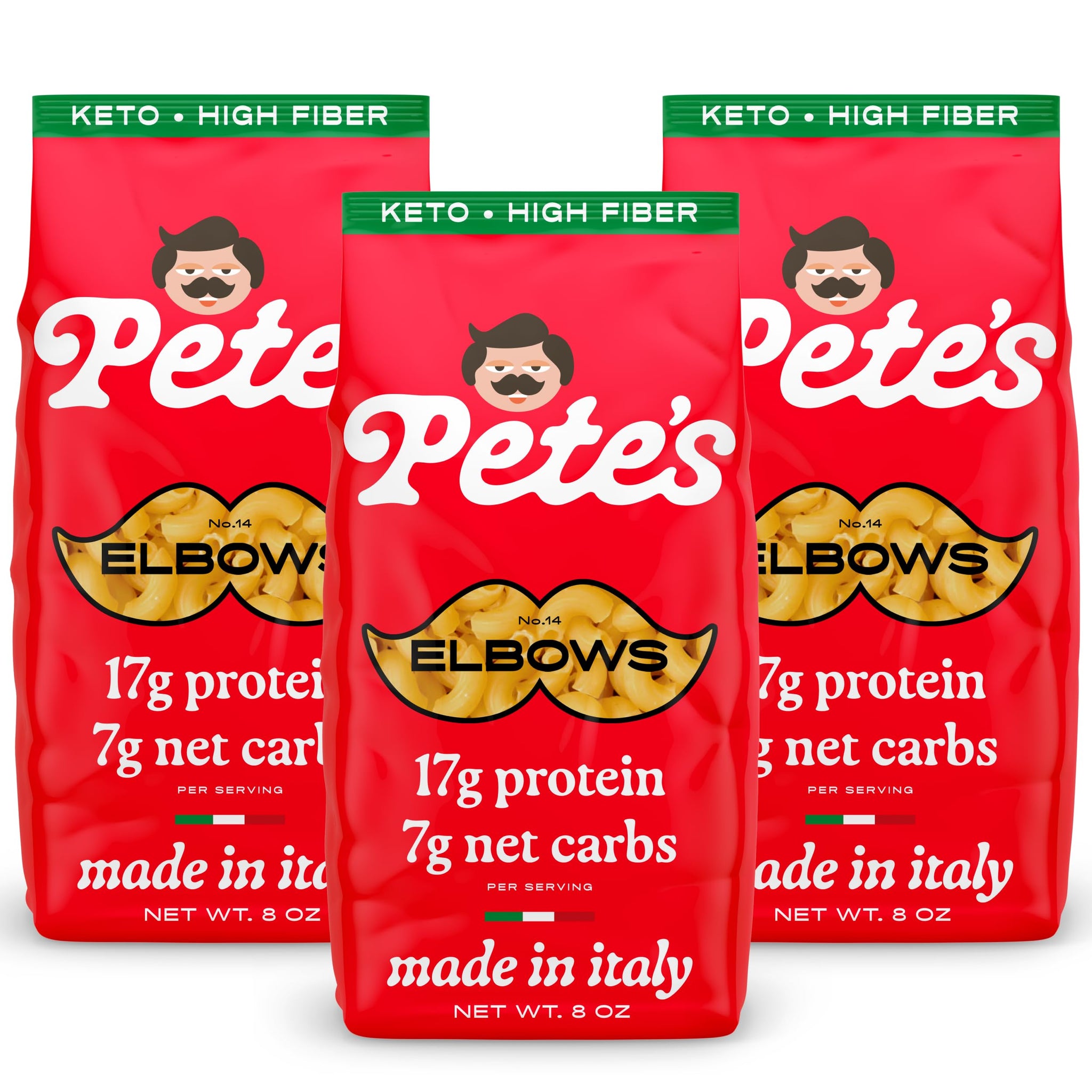 Low Carb, Protein Pasta | Elbow Macaroni with 17g Protein, 7g Carbs | Healthy, Keto Pasta Made in Italy | 3-Pack, 8oz - Pete’s Pasta