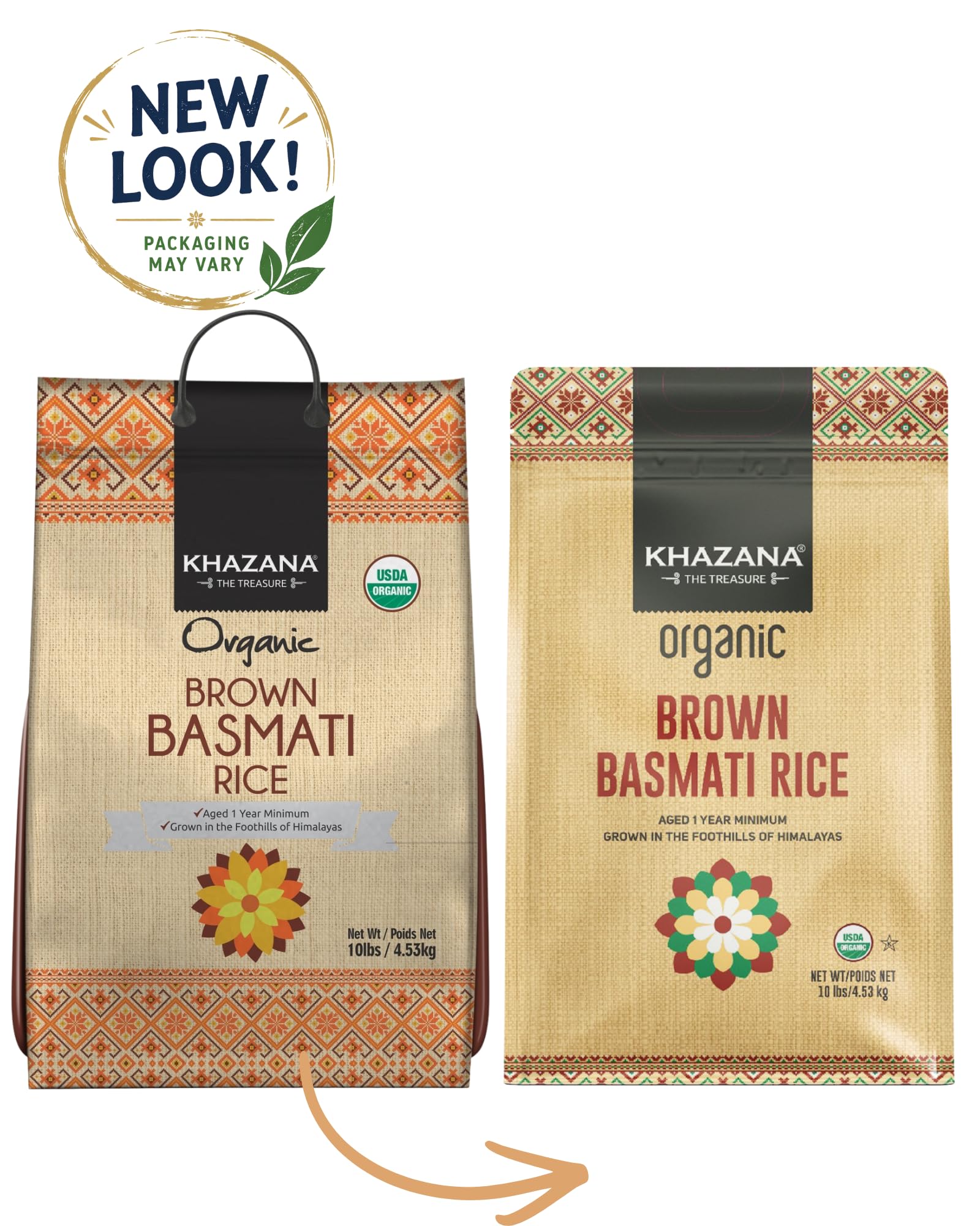 Authentic Organic Brown Basmati Rice by Khazana in 10 lb Bag - Aromatic and Flavorful Indian Grain - Non-GMO, Gluten Free, Kosher, Cholesterol Free