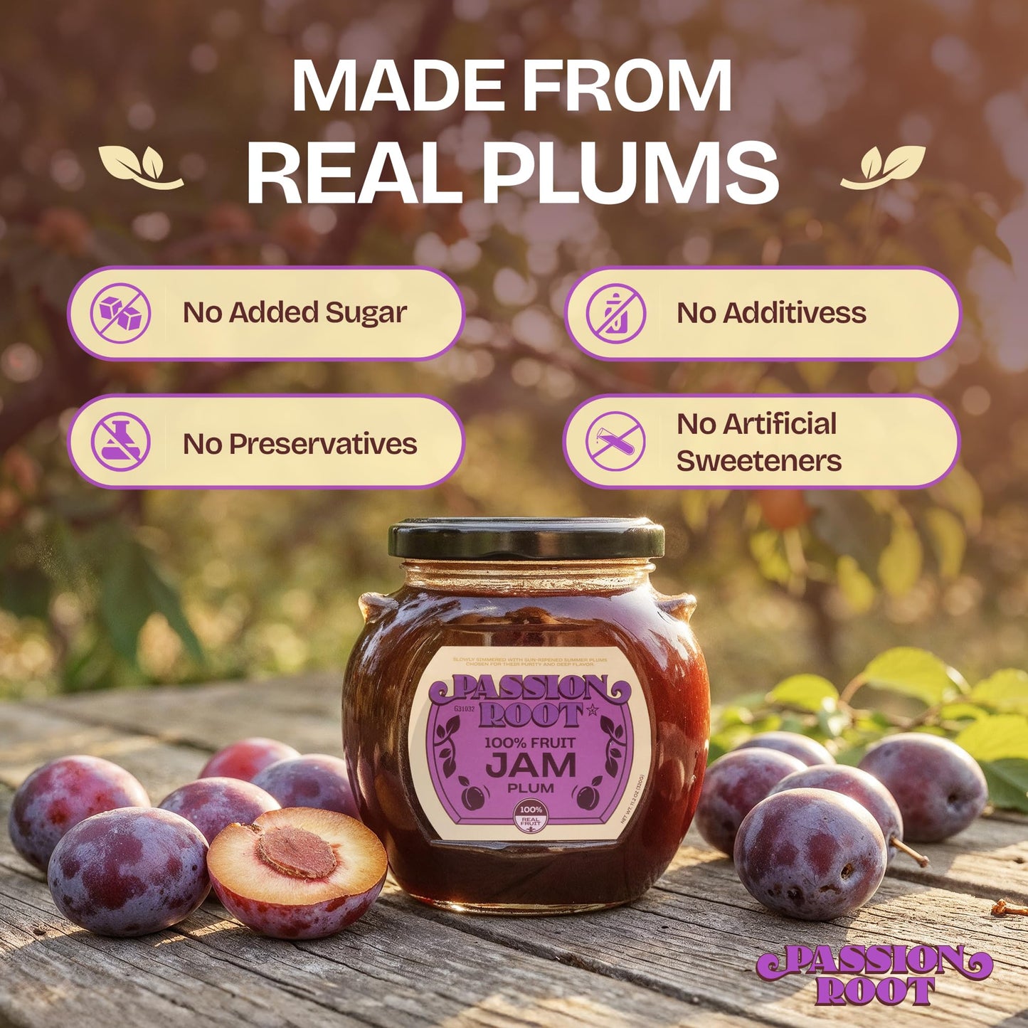 Passion Root Plum Jam | All Natural Plum Preserves with Real Fruit | No Added Sugar, No Preservatives, Non GMO, Gluten Free, Kosher Certified | Fruit