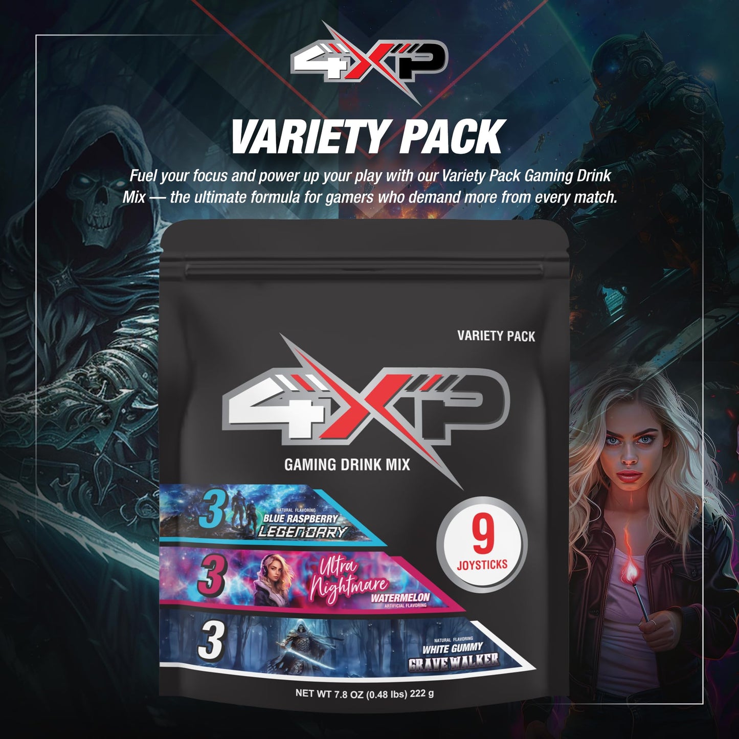 4XP Joystick Variety Pack | Nine Single?Serve Gaming Energy Drink Sticks with Blue Raspberry, Watermelon & White Gummy Flavors | Low Caffeine