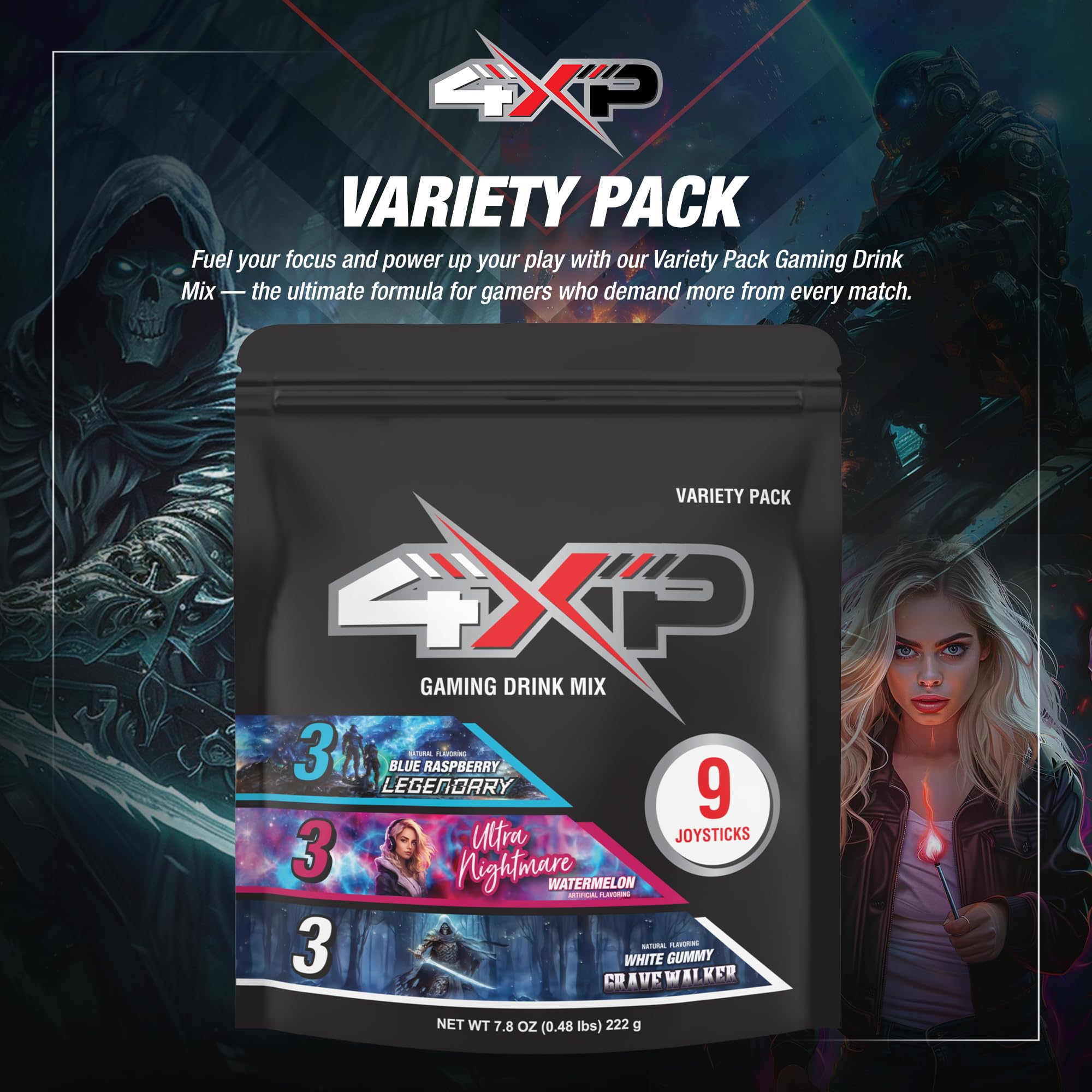 4XP Joystick Variety Pack | Nine Single?Serve Gaming Energy Drink Sticks with Blue Raspberry, Watermelon & White Gummy Flavors | Low Caffeine