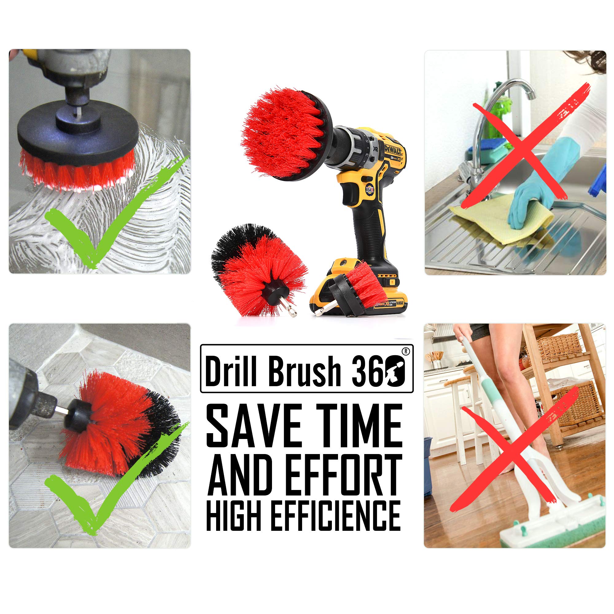 DRILL BRUSH 360 Original Attachments 3 Pack kit - Cleaner Scrubbing Brushes for Bathroom Surface, Grout, Tub,Tile, Shower, Kitchen, Auto