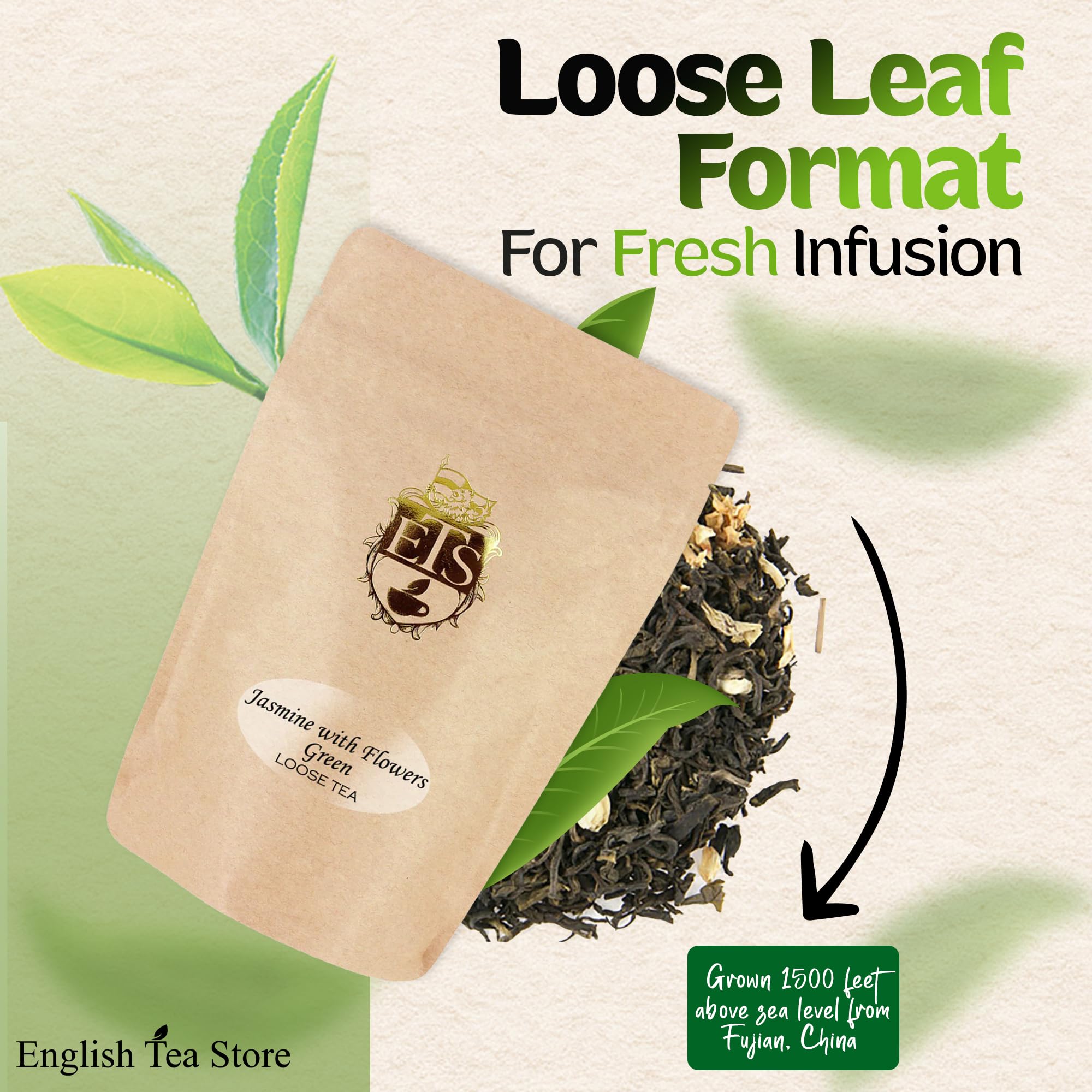 Jasmine with Flowers Green Tea | Loose Leaf Tea Pouch - 16oz Bulk Bag | Premium Floral Blend from Fujian China | Soothing Aroma | Steamed Green Tea |