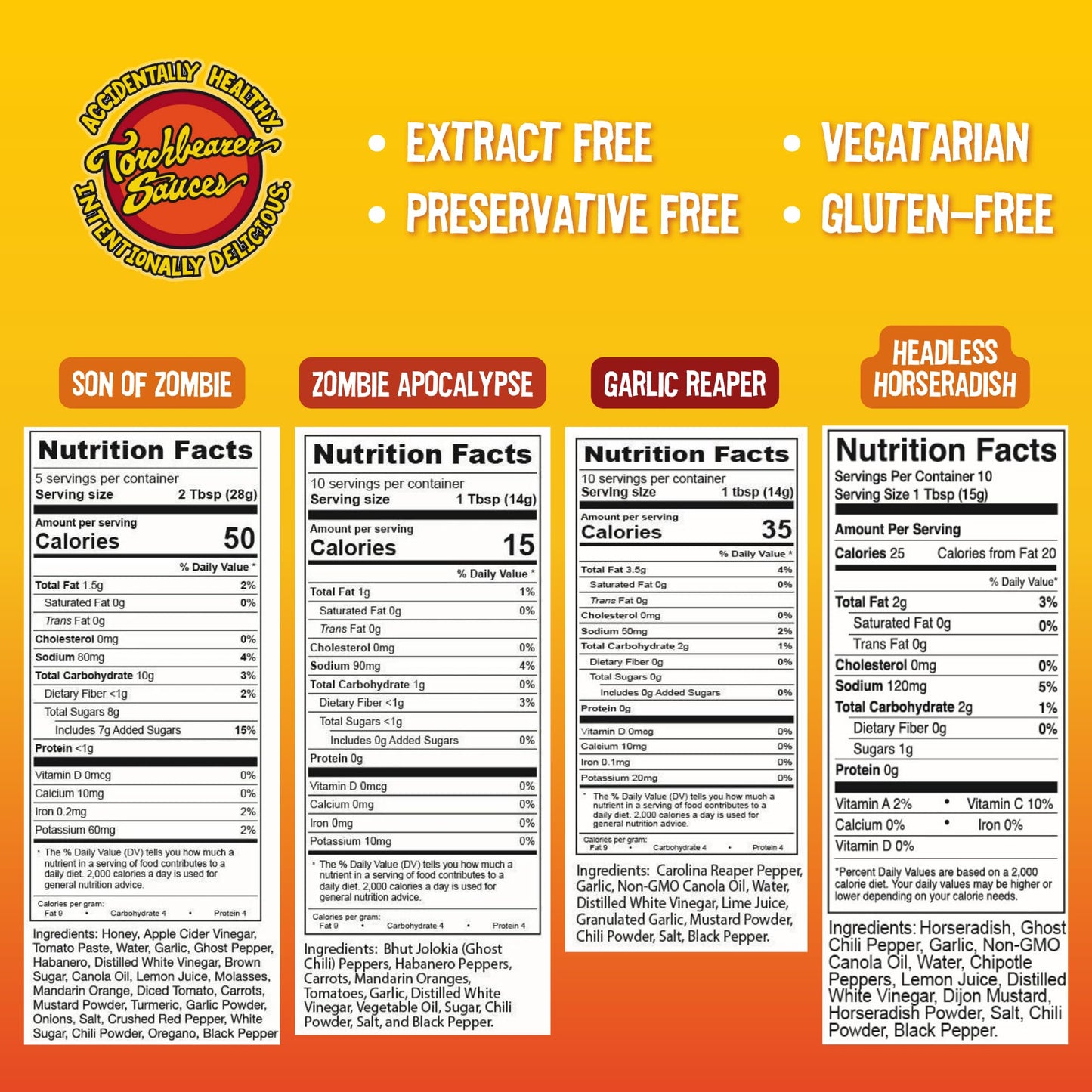 Torchbearer Hot Ones Variety Hot Sauce 4 pack, 5oz - Garlic Reaper, Son Of Zombie, Zombie Apocalypse, Headless Horseradish
