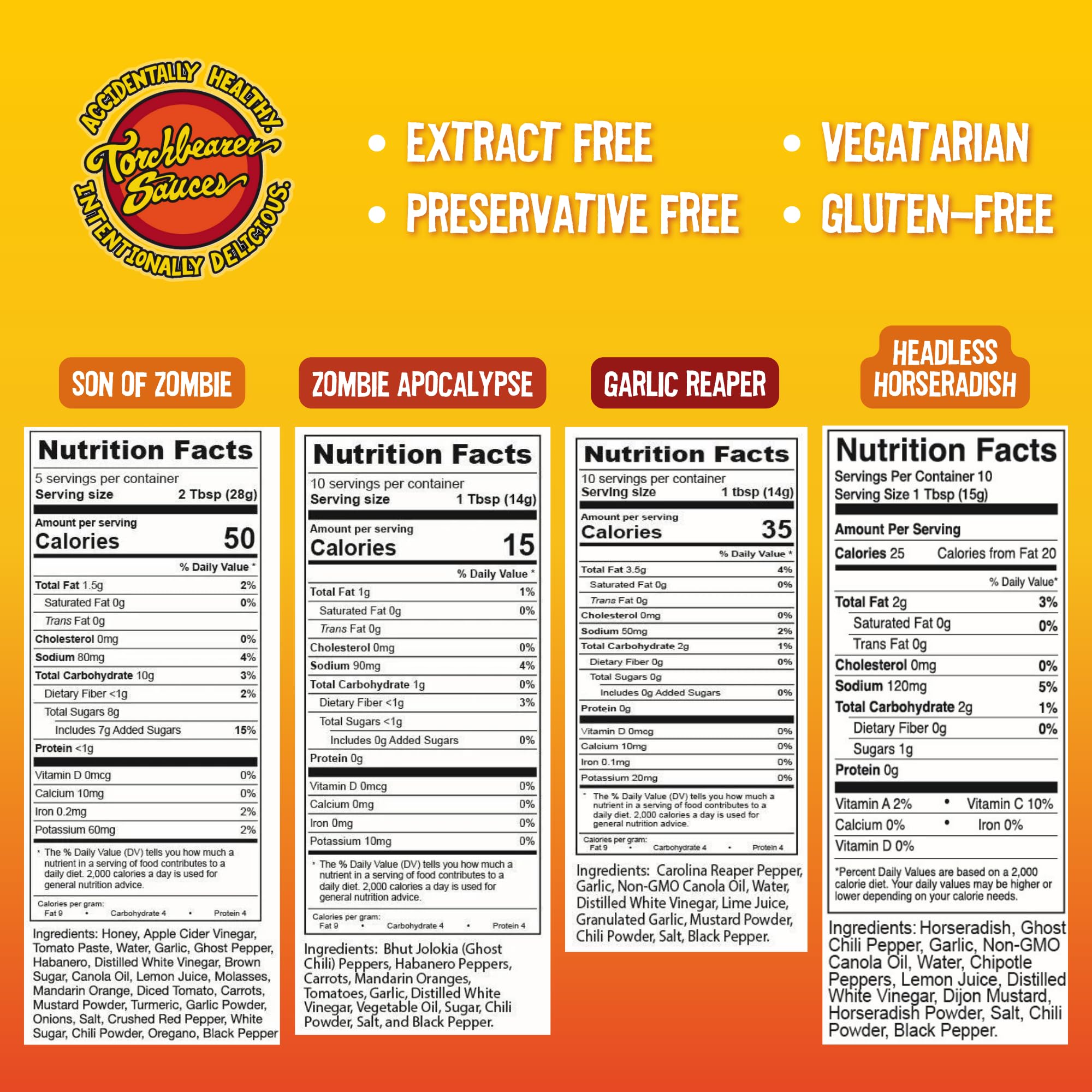 Torchbearer Hot Ones Variety Hot Sauce 4 pack, 5oz - Garlic Reaper, Son Of Zombie, Zombie Apocalypse, Headless Horseradish