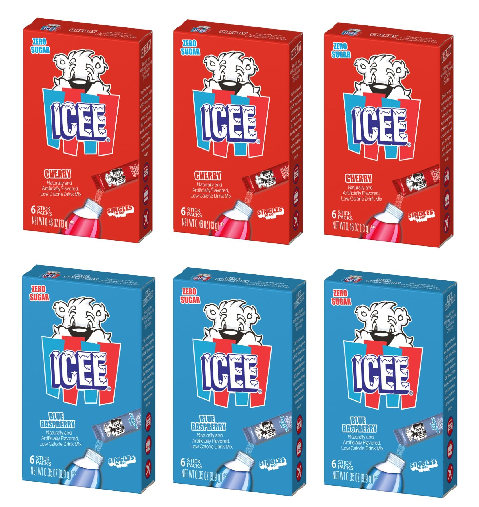 ICEE Singles To Go Variety Pack of 6-3 of Each - Cherry and Blue Raspberry - Zero Sugar Powdered Drink Mix - 6 Sticks Per Box - 36 Servings