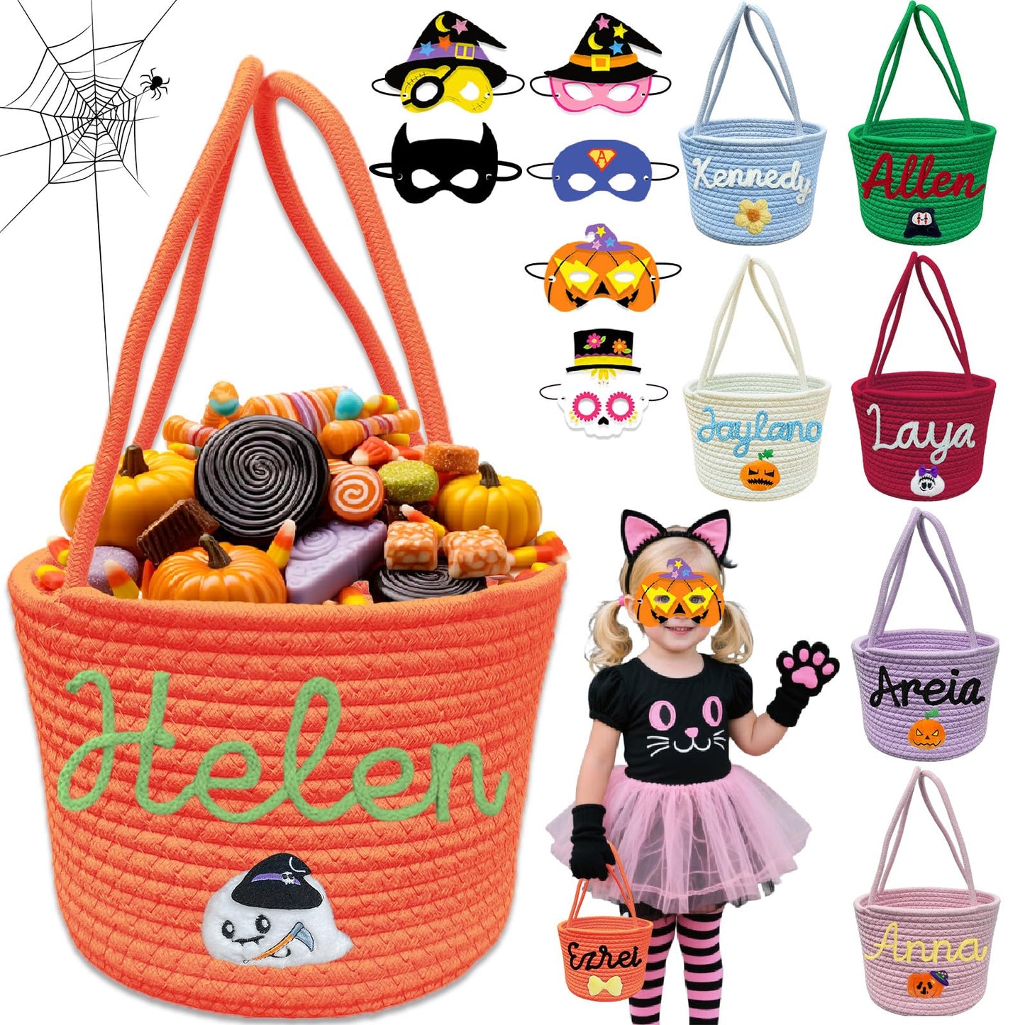 Personalized Halloween Basket Trick or Treat Bag Customized Name Custom Halloween Candy Buckets Gift for Boys Girls,Orange