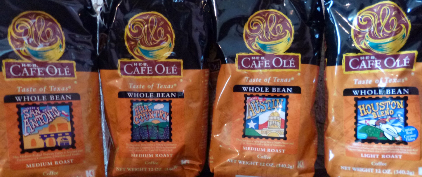 HEB Cafe Ole Taste of Texas Whole Bean Coffee Sampler 12oz Bag (Pack of 4 Different Flavors)