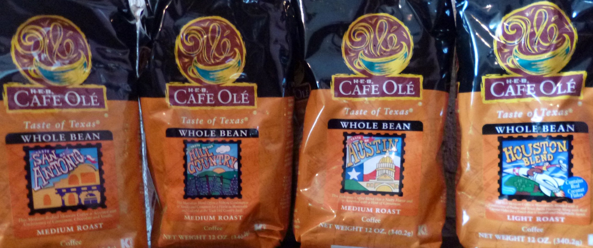 HEB Cafe Ole Taste of Texas Whole Bean Coffee Sampler 12oz Bag (Pack of 4 Different Flavors)