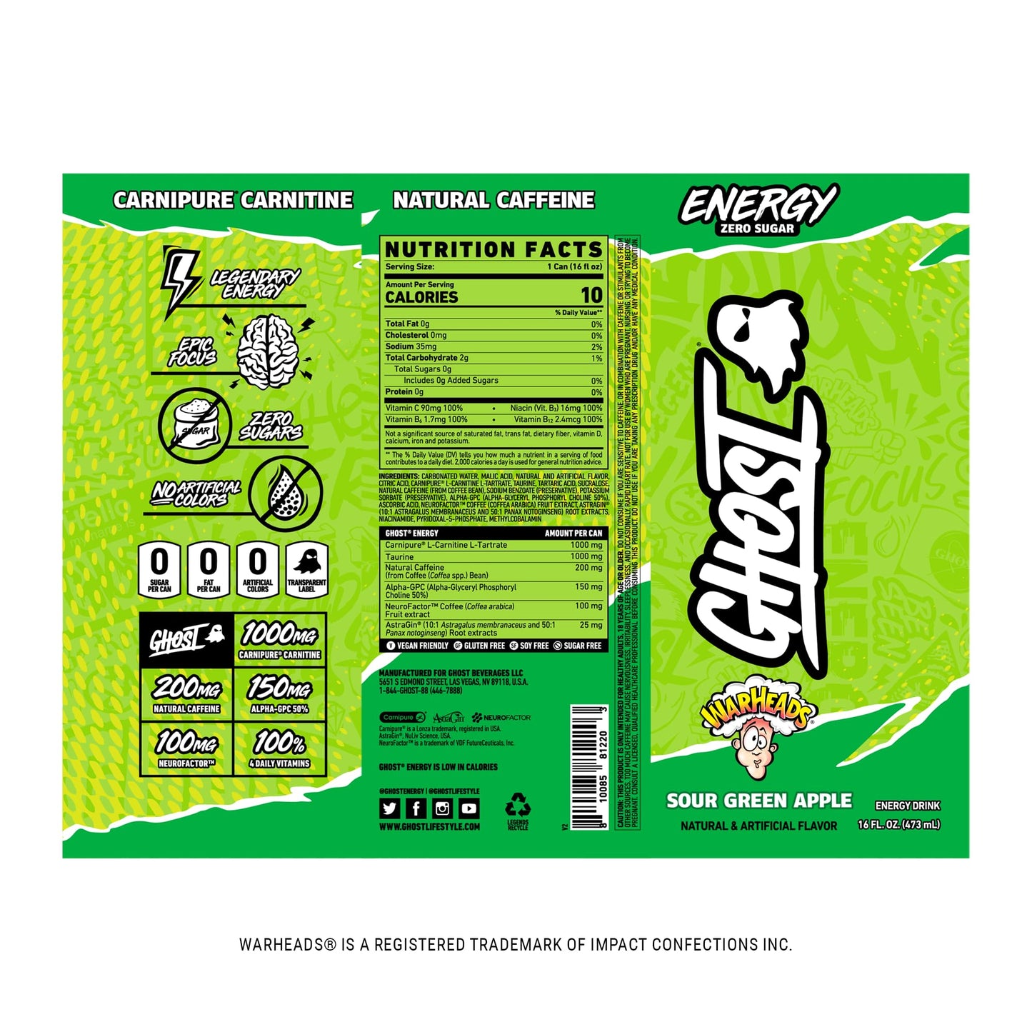 GHOST Energy Drink - Single Can, Warheads Sour Green Apple 16oz - Energy & Focus & No Artificial Colors - 200mg Natural Caffeine, L-Carnitine
