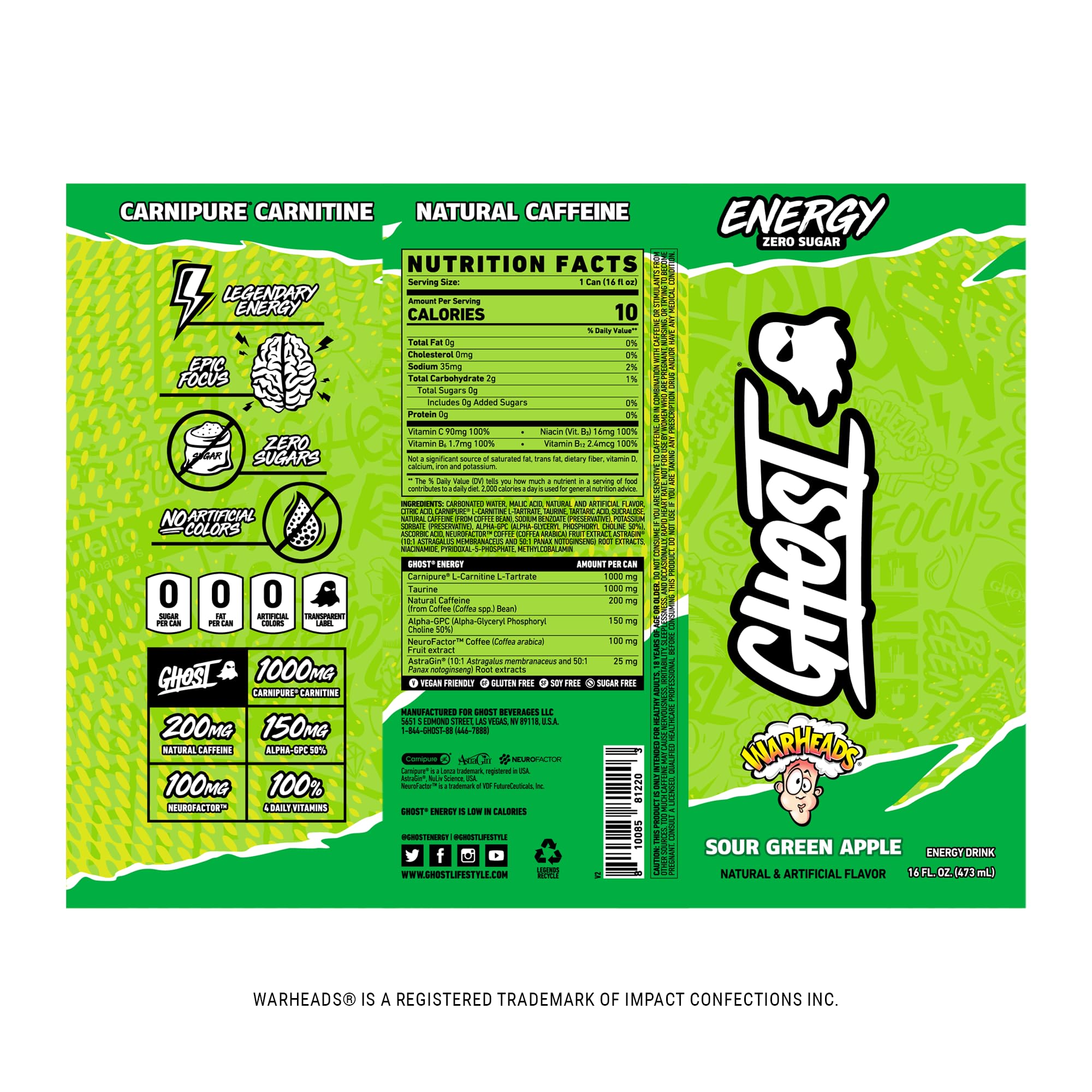 GHOST Energy Drink - Single Can, Warheads Sour Green Apple 16oz - Energy & Focus & No Artificial Colors - 200mg Natural Caffeine, L-Carnitine