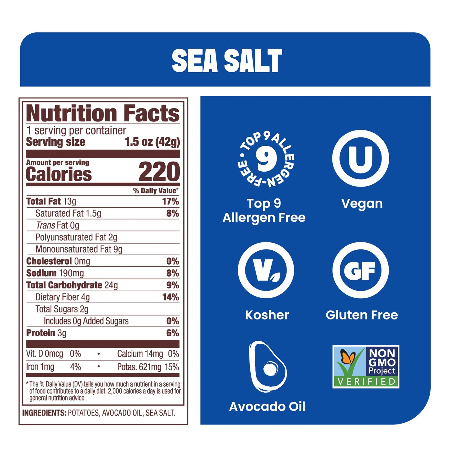 Jackson’s Potato Classic Kettle Chips with Sea Salt (1.5oz, Pack of 10) - Made with Avocado Oil - Allergen-friendly, Gluten Free, Peanut Free, Vegan