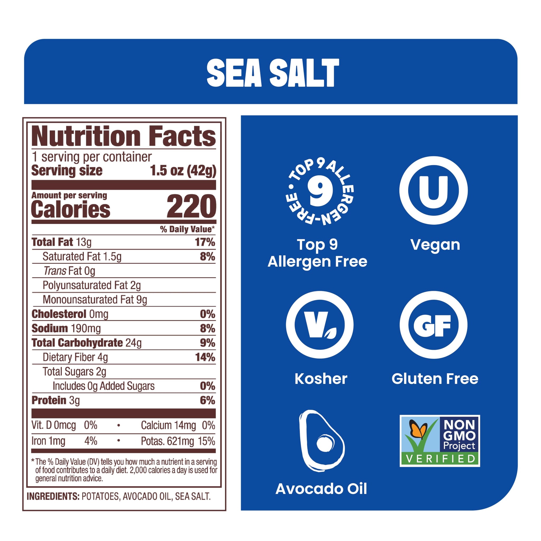 Jackson’s Potato Classic Kettle Chips with Sea Salt (1.5oz, Pack of 10) - Made with Avocado Oil - Allergen-friendly, Gluten Free, Peanut Free, Vegan