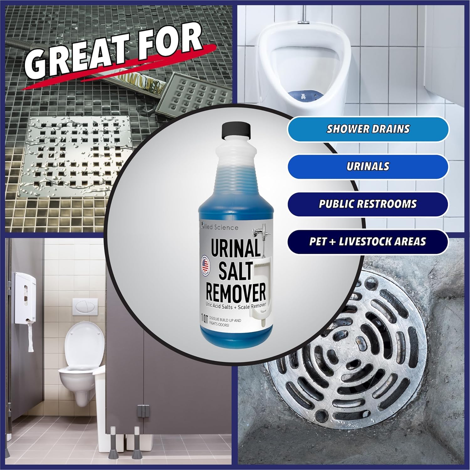 Allied Science Urinal Salt, Calcium and Mineral Scale Remover - Eliminates Urine Odor, Destroys Uric Acid Salt, Deposit Buildup