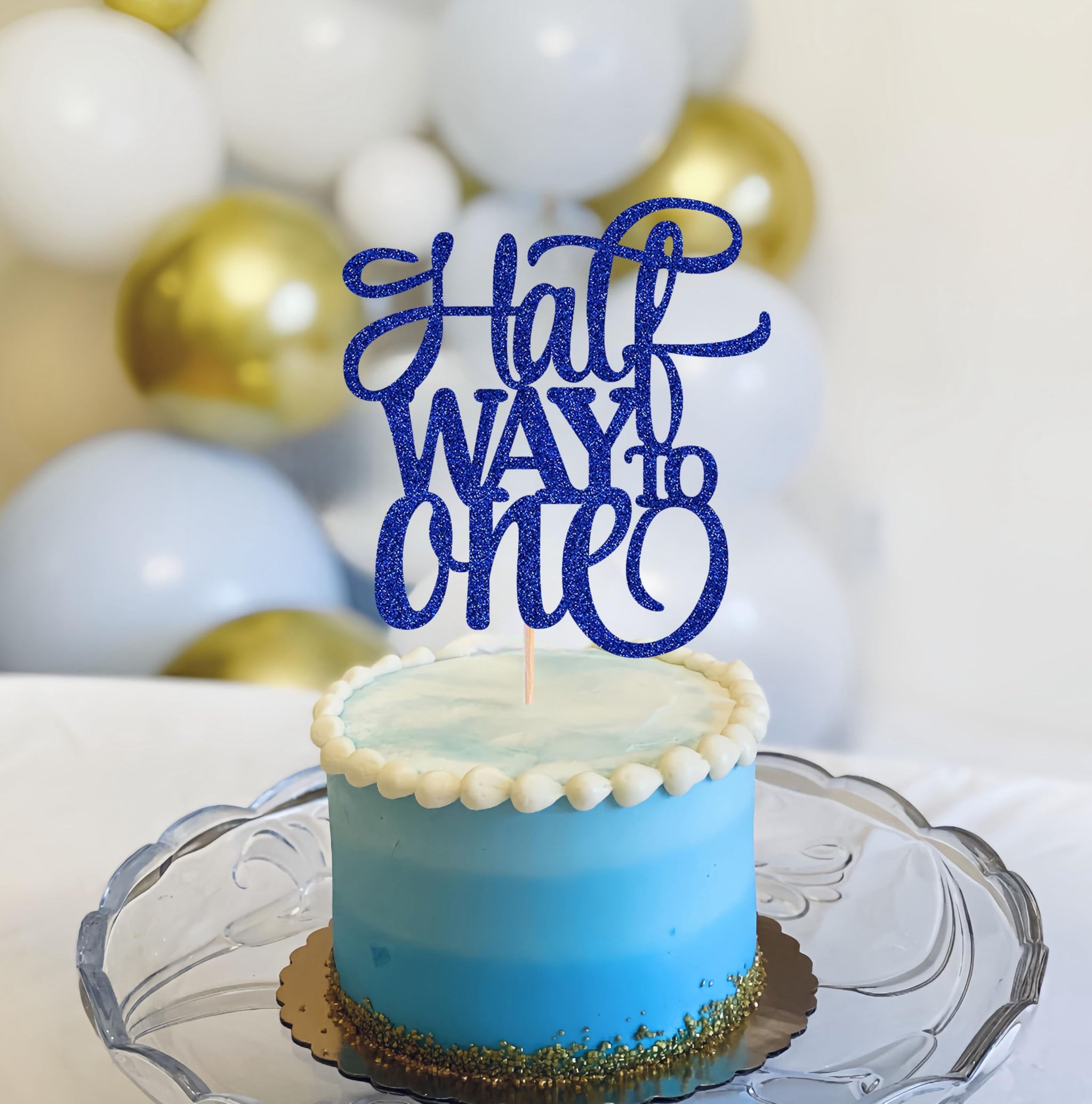 AHAORAY Half Way To One Cake Topper - Blue Glitter 6 Months Birthday Decorations Supplies - Half Birthday Decorations Baby Girl, for Baby