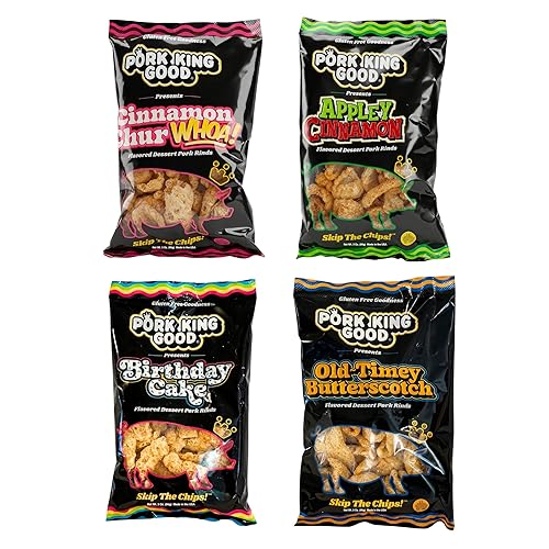 Pork King Good 4 Bag Variety Pack of Sweet & Salty Dessert Flavored Pork Rinds - 3 oz (Variety 4 Pack) Gluten Free Snacks