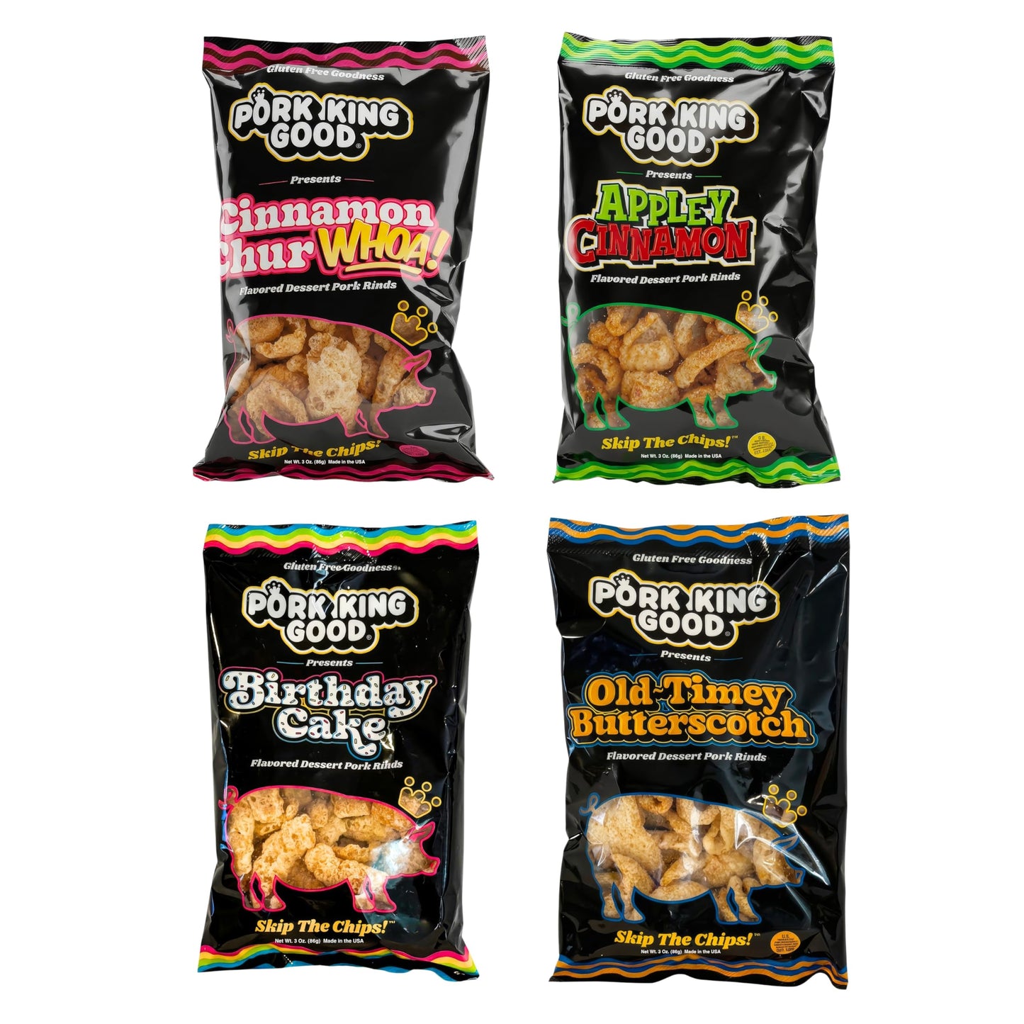 Pork King Good 4 Bag Variety Pack of Sweet & Salty Dessert Flavored Pork Rinds - 3 oz (Variety 4 Pack) Gluten Free Snacks