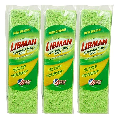 Libman Scrubster Mop Refill Pack, Three #3105 Refills Extra-Absorbent, Cellulose Coated Sponge Replacement Heads for The Libman Scrubster Mop, 3 Pack