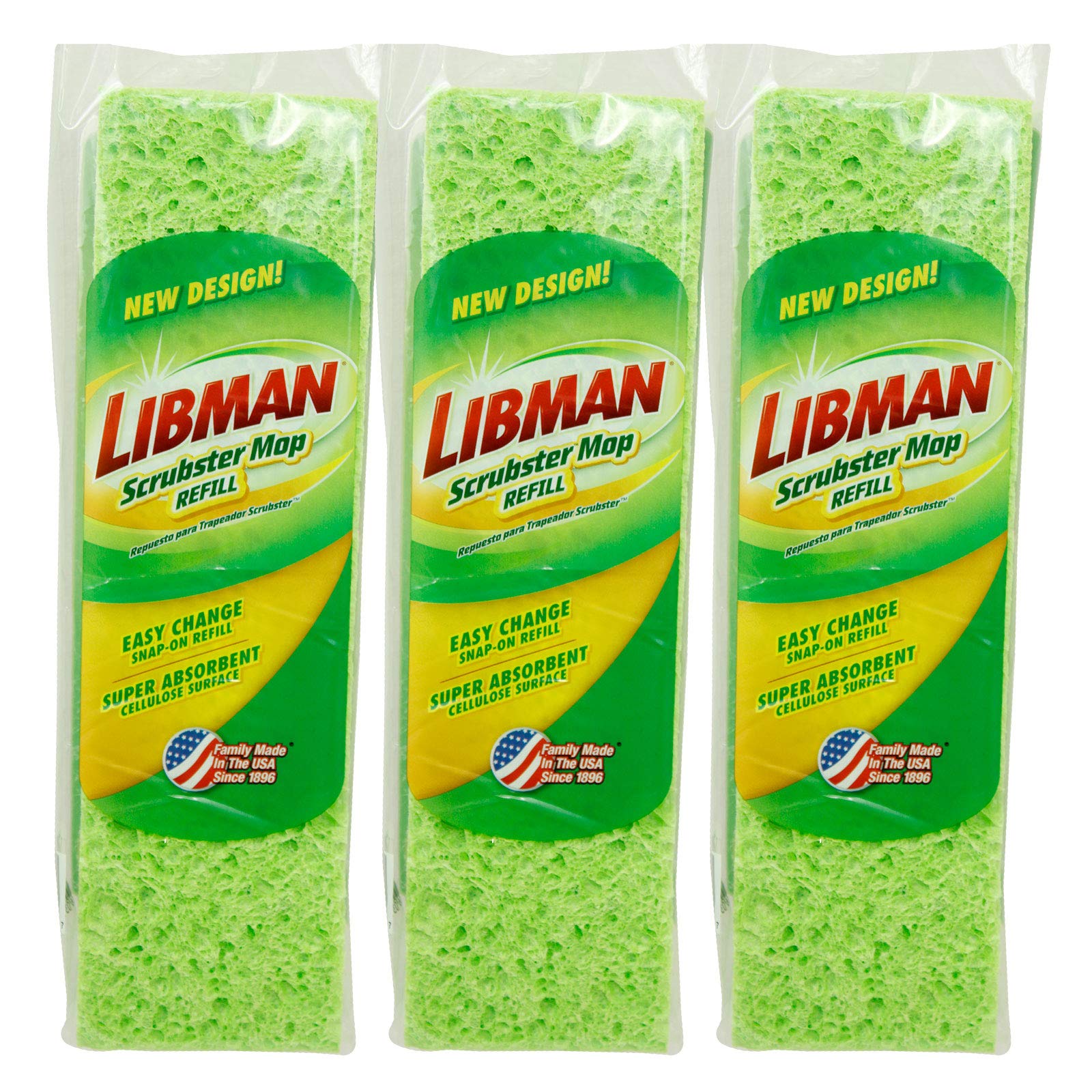 Libman Scrubster Mop Refill Pack, Three #3105 Refills Extra-Absorbent, Cellulose Coated Sponge Replacement Heads for The Libman Scrubster Mop, 3 Pack
