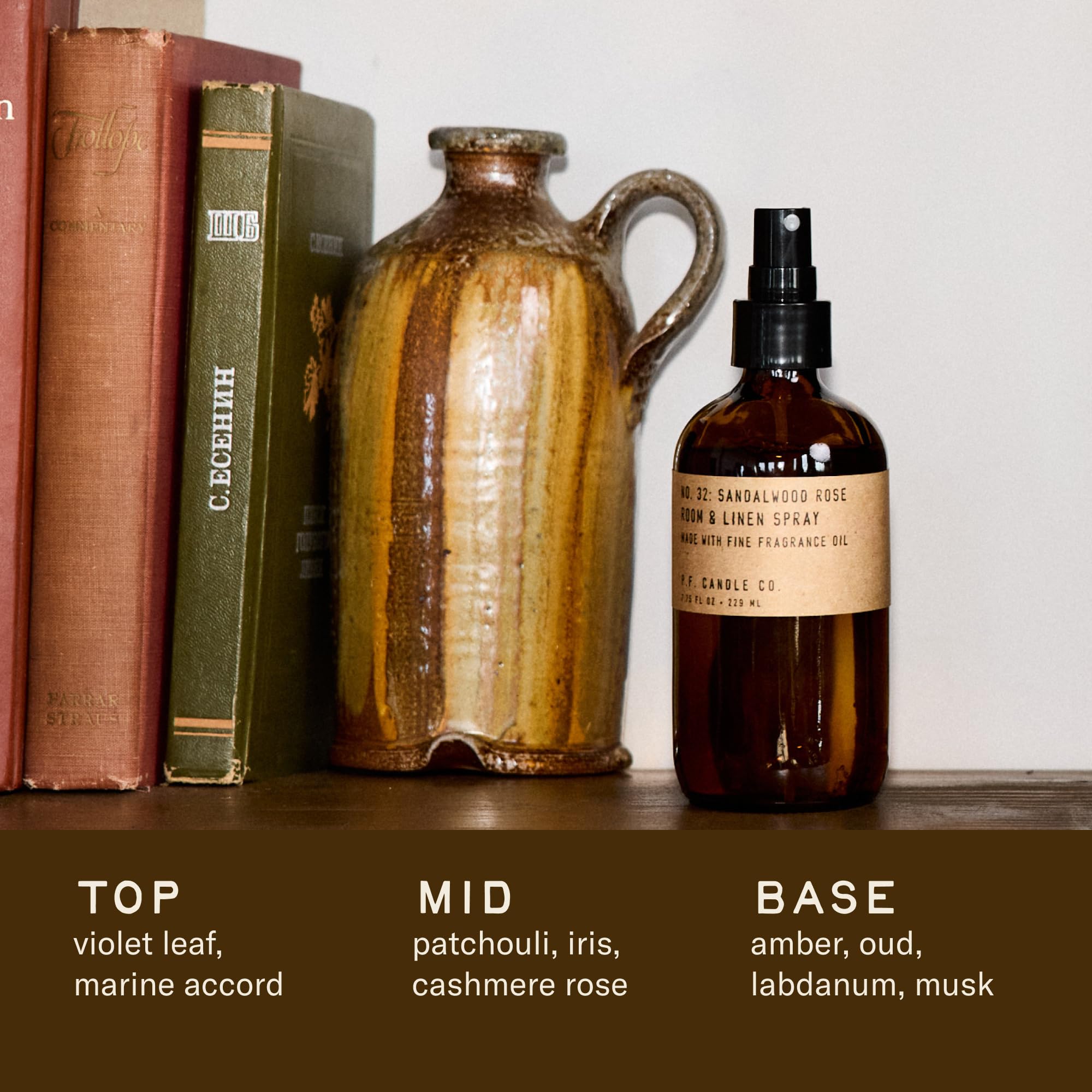 P.F. Candle Co. Sandalwood Rose Scented Room & Linen Spray (7.75 fl oz) Amber Glass Bottle, Fine Fragrance Oil, Quick Fabric and Air Refresher, Made