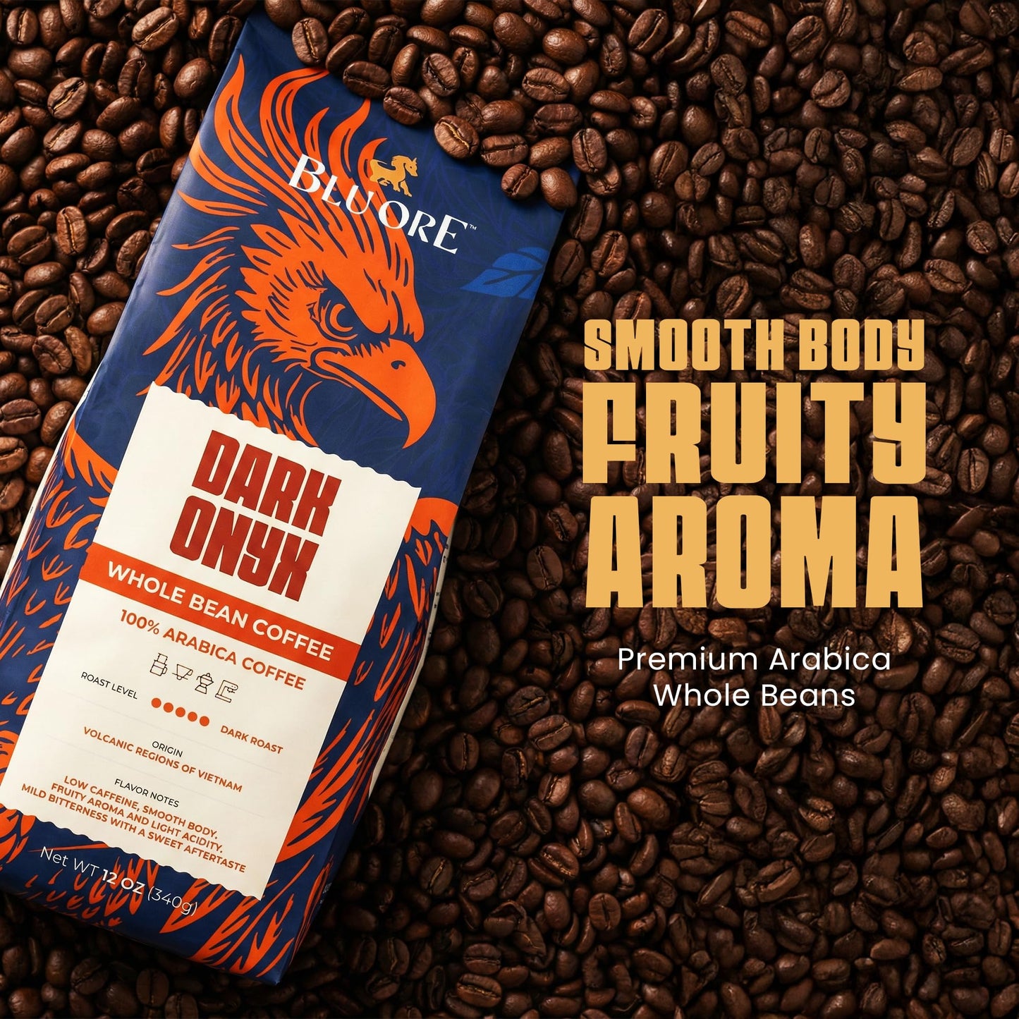 Blu Ore Dark Onyx Vietnamese Arabica Coffee Beans Single Origin Low Acidity Dark Roast with Smooth Body and Fruity Aroma