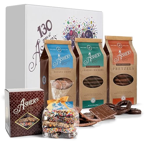 Asher's Chocolates Holiday Gift Box, Ready to be Wrapped, Milk and Dark Chocolate Assortment, Milk Chocolate Chips, Dark Chocolate Grahams, Dark