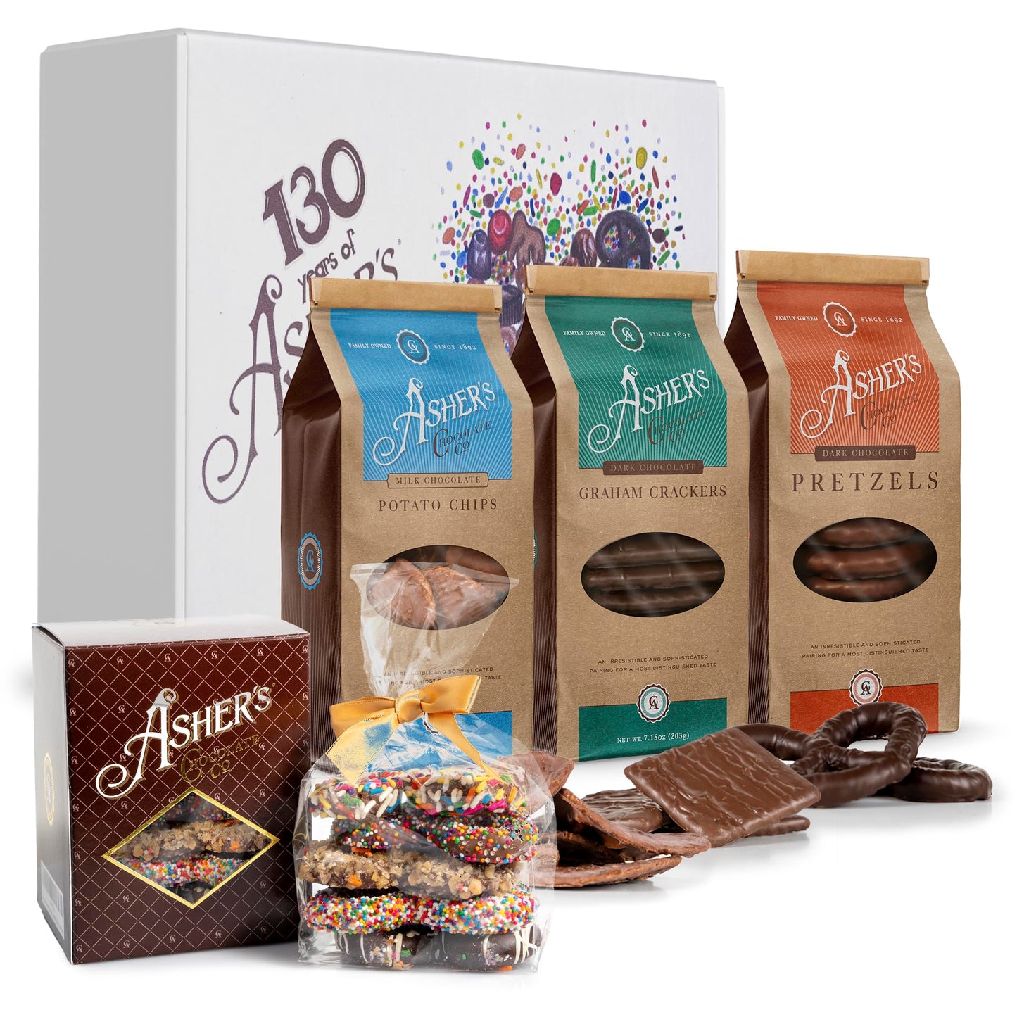 Asher's Chocolates Holiday Gift Box, Ready to be Wrapped, Milk and Dark Chocolate Assortment, Milk Chocolate Chips, Dark Chocolate Grahams, Dark