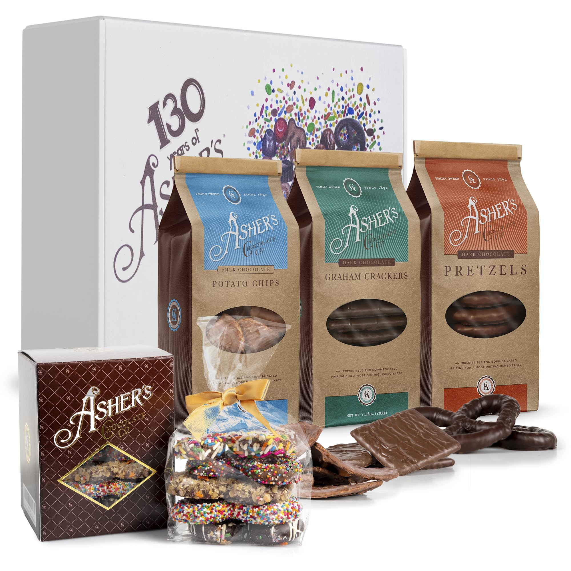 Asher's Chocolates Holiday Gift Box, Ready to be Wrapped, Milk and Dark Chocolate Assortment, Milk Chocolate Chips, Dark Chocolate Grahams, Dark