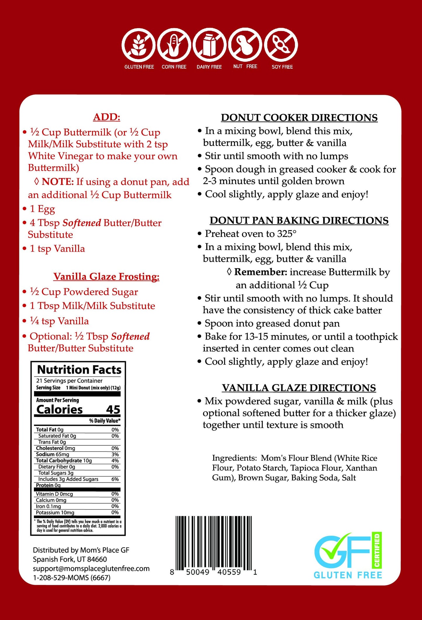 Mom's Place Gluten-Free Mini Vanilla Donut Mix, Nut Free, Dairy Free & Soy Free, Makes 21 Servings, 9.2 oz