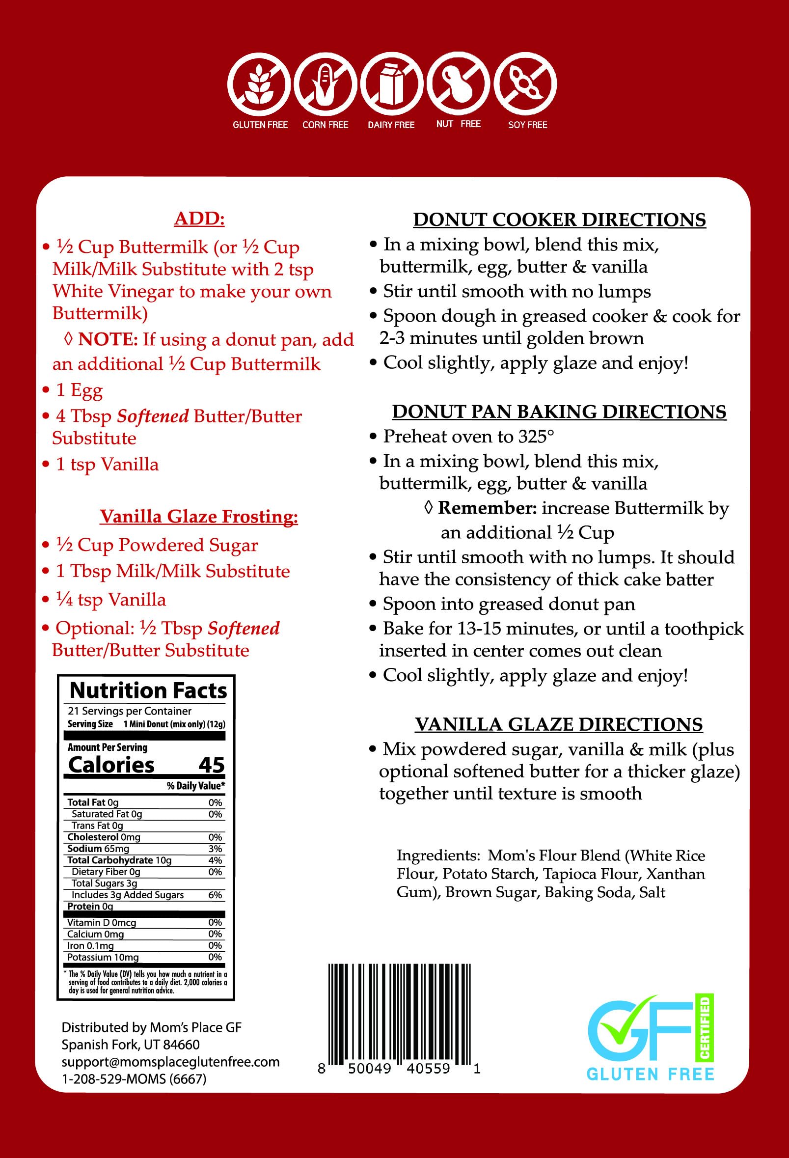 Mom's Place Gluten-Free Mini Vanilla Donut Mix, Nut Free, Dairy Free & Soy Free, Makes 21 Servings, 9.2 oz