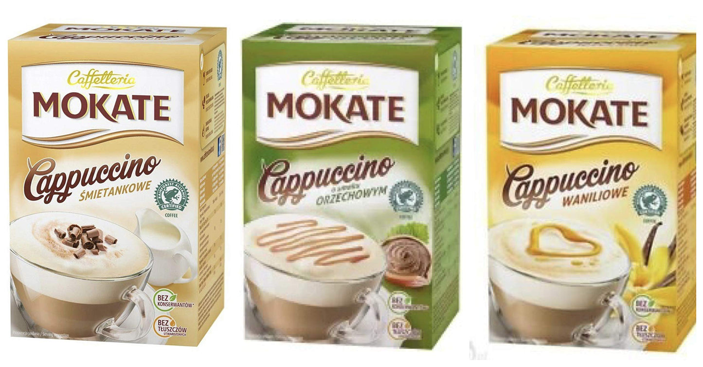 MOKATE CAPPUCCINO 3 PACK x 160 g (5.64 oz) Hazelnut, Vanilla, Cream. Product of Poland.