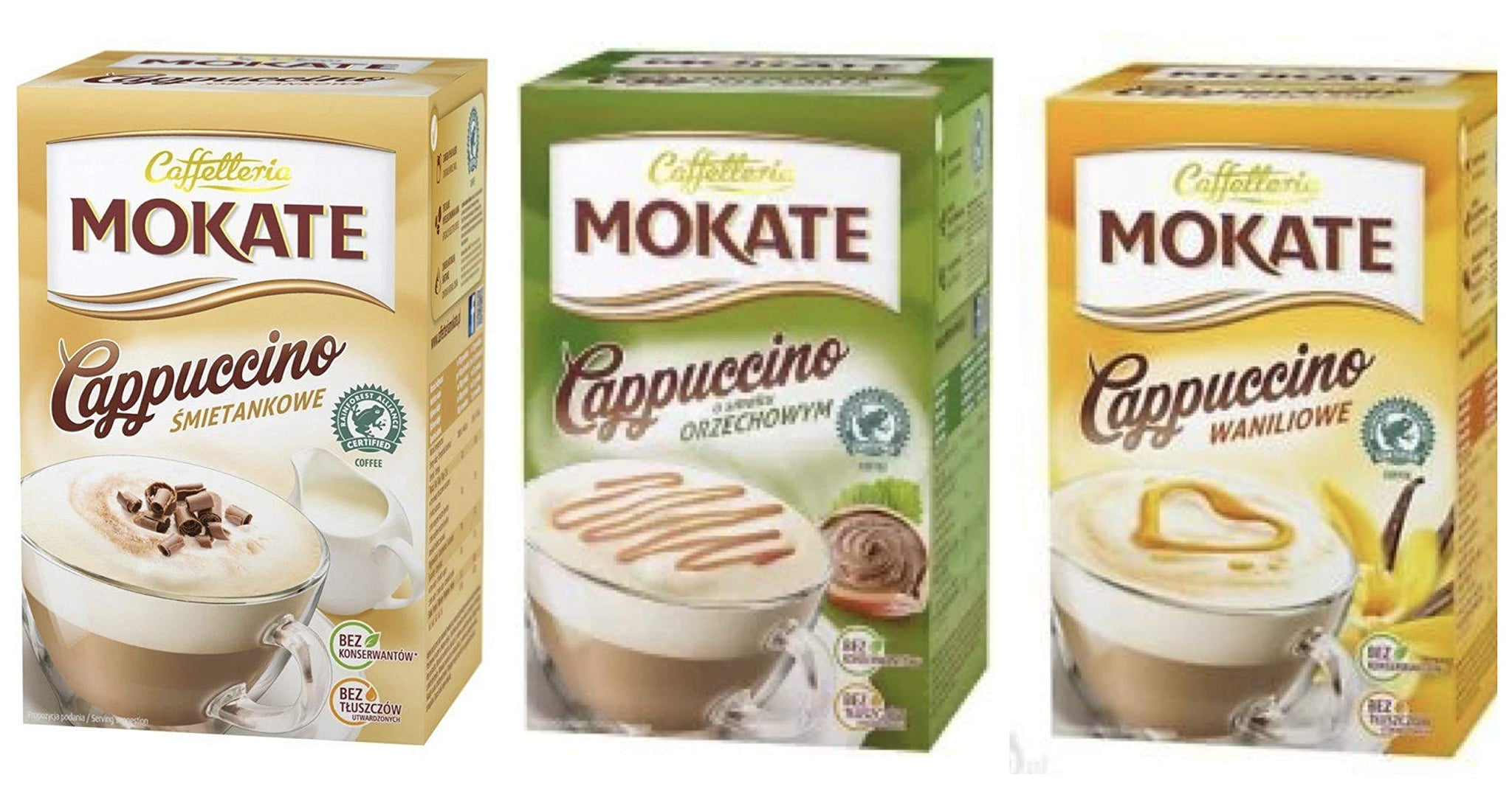 MOKATE CAPPUCCINO 3 PACK x 160 g (5.64 oz) Hazelnut, Vanilla, Cream. Product of Poland.