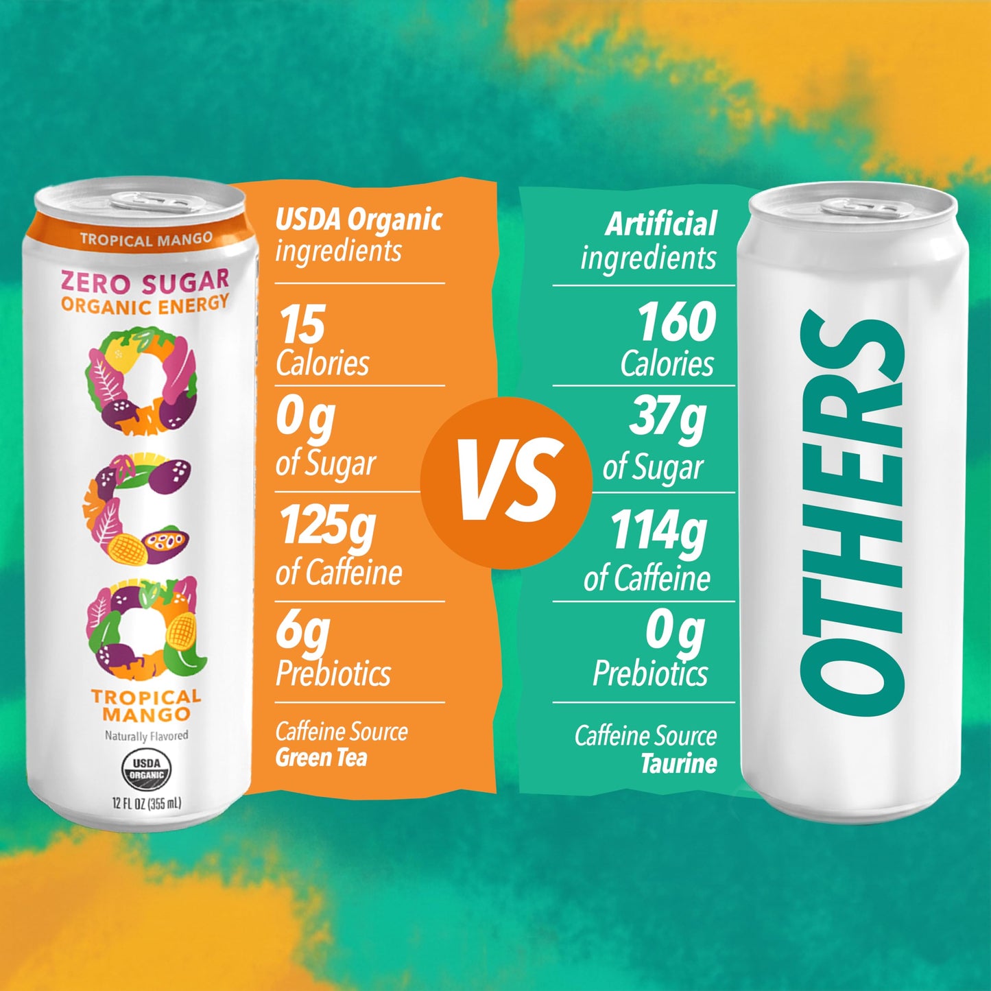 OCA ZERO 3-Flavor Variety Pack (Berry Acai, Tropical Mango, Strawberry Watermelon), Organic energy drink, zero sugar, gluten-free, vegan plant-based